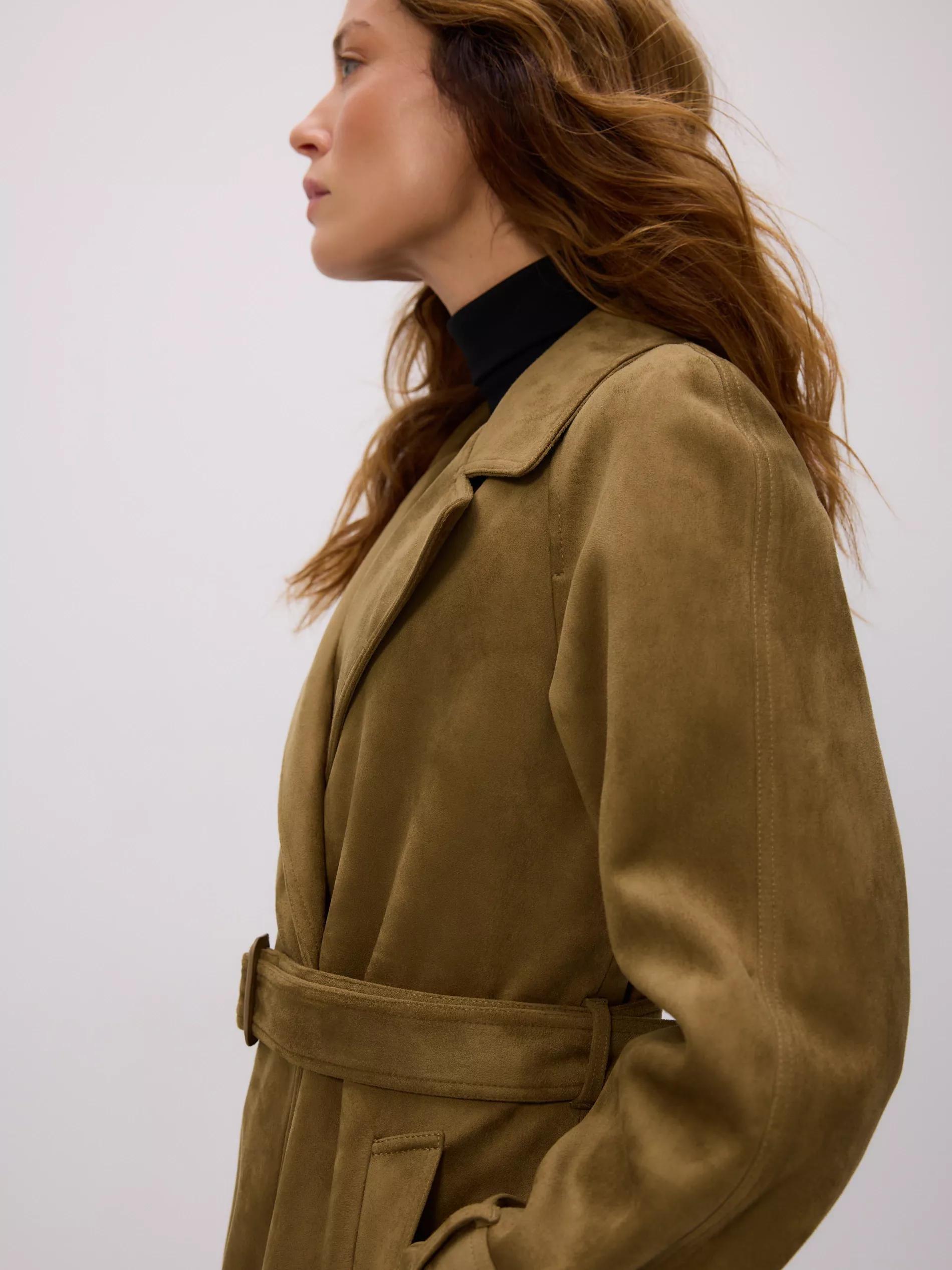 Green Faux Suede Trench Coat, Khaki, large image number 4