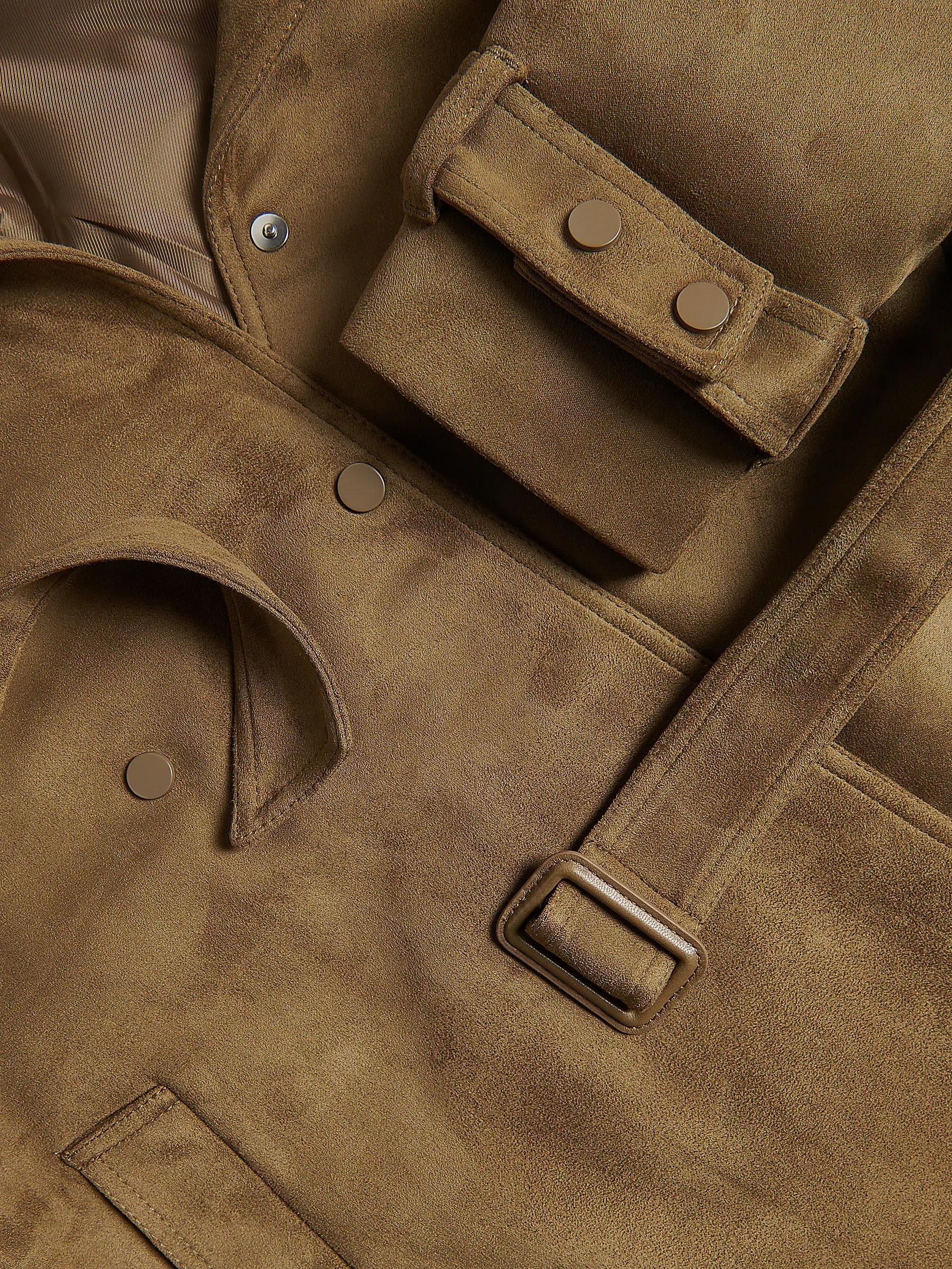 Green Faux Suede Trench Coat, Khaki, large image number 5