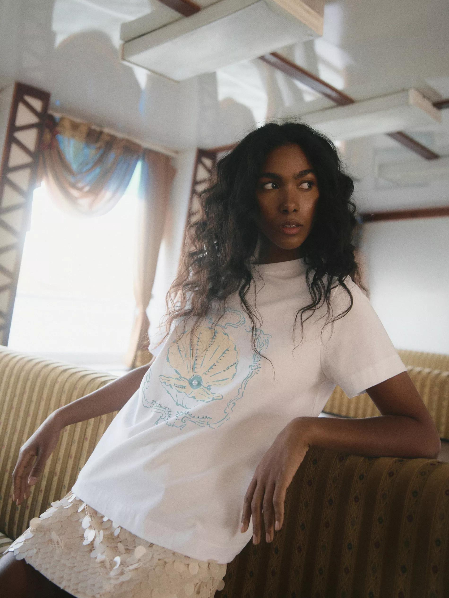 White T-Shirt With Decorative Print, , large image number 0