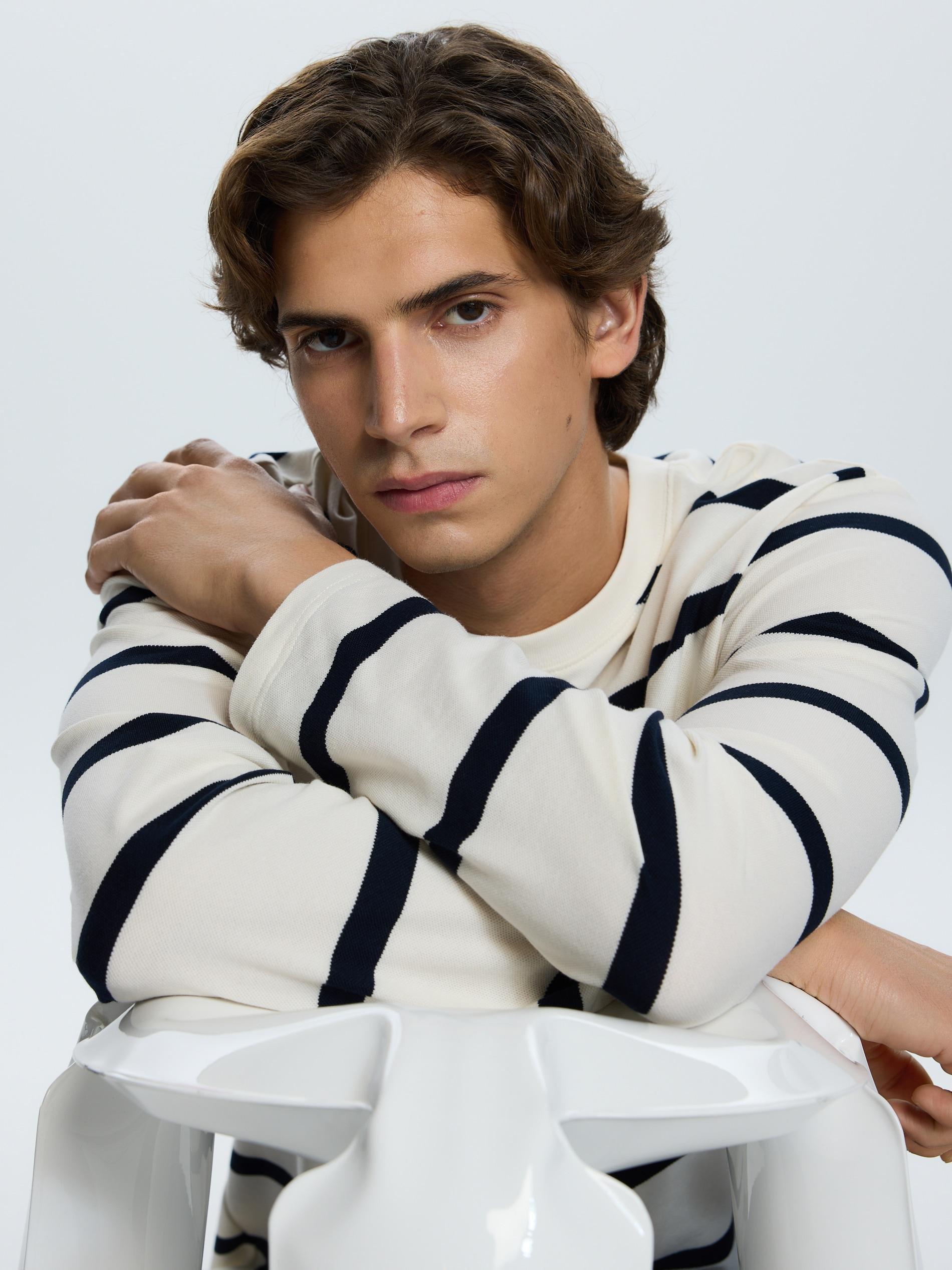 Cream Regular Fit Stripe Long Sleeve T-Shirt, Ivory, large image number 0