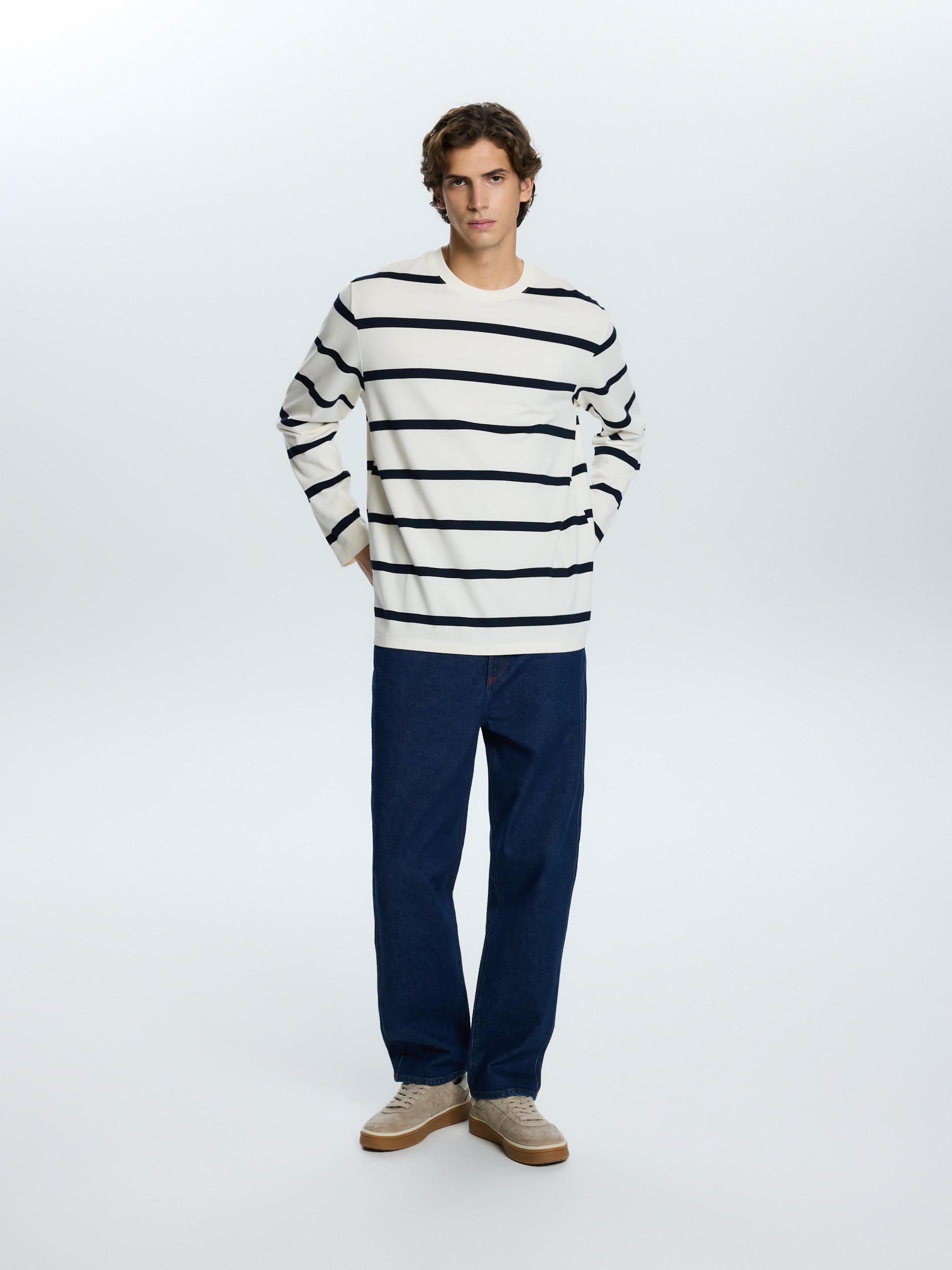 Cream Regular Fit Stripe Long Sleeve T-Shirt, Ivory, large image number 1