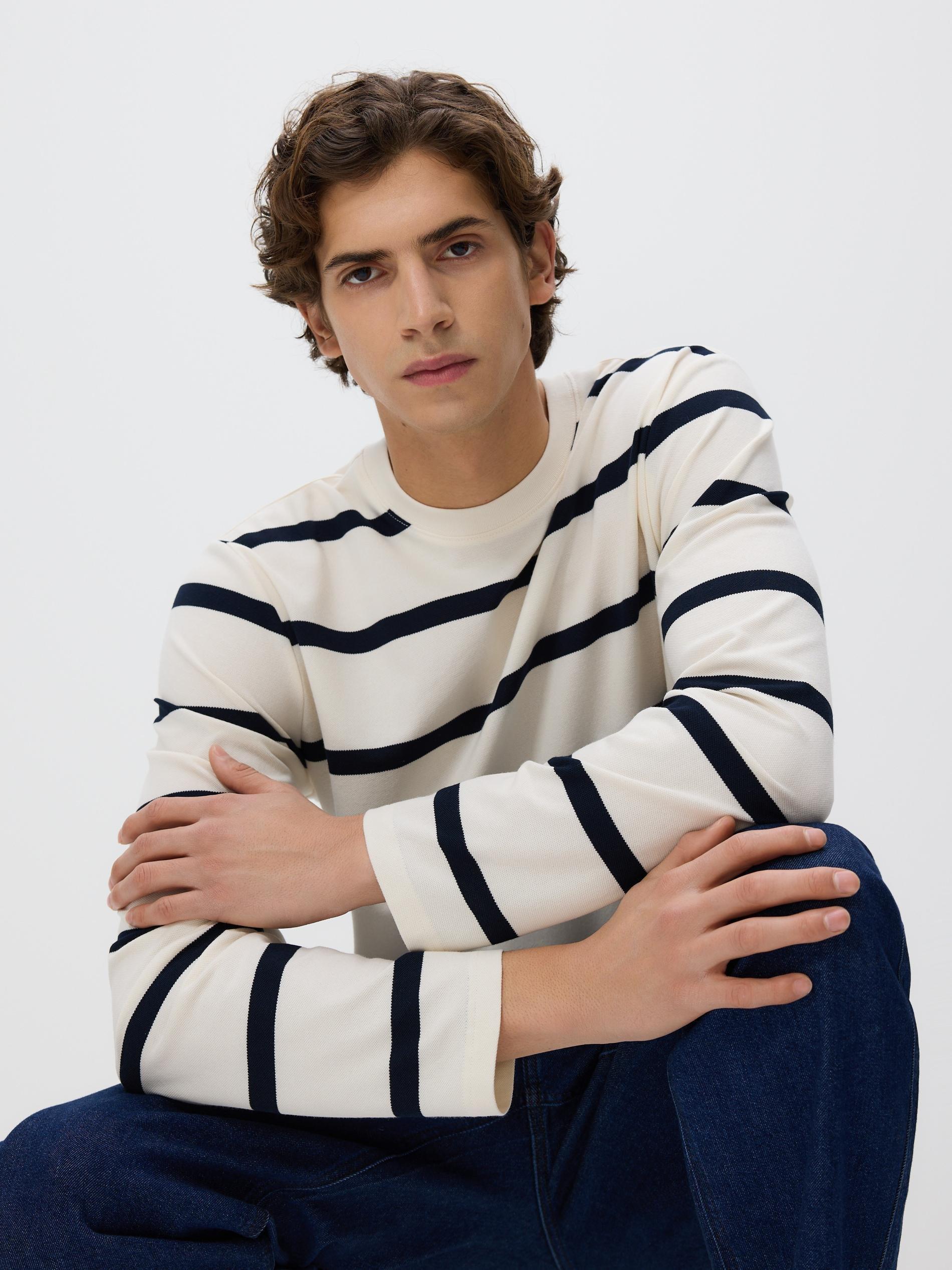 Cream Regular Fit Stripe Long Sleeve T-Shirt, Ivory, medium