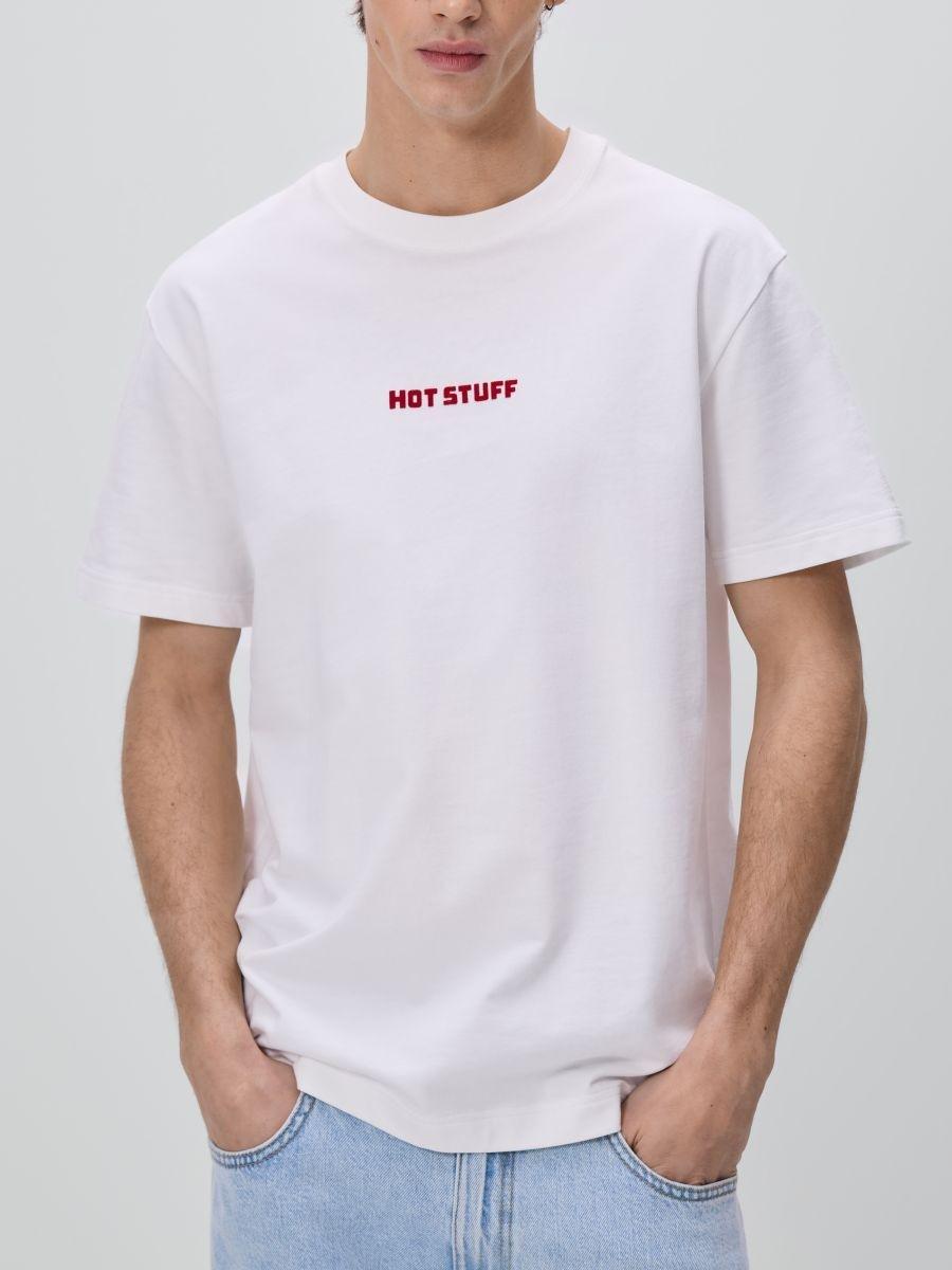 تيشيرت بقصة عادية مطبوع كريمي, Ivory, medium