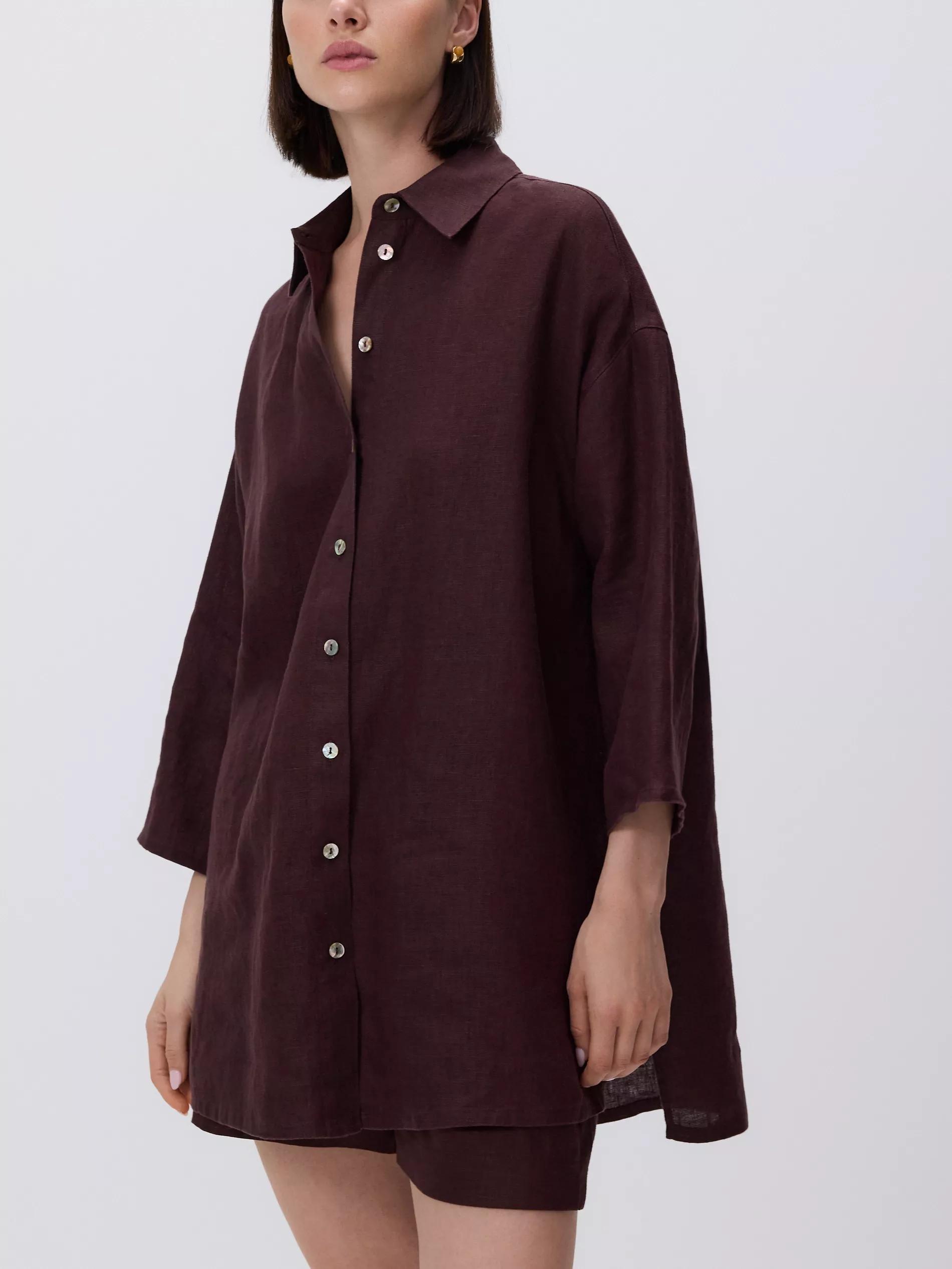 Brown Long Linen Shirt, Brown, large image number 0