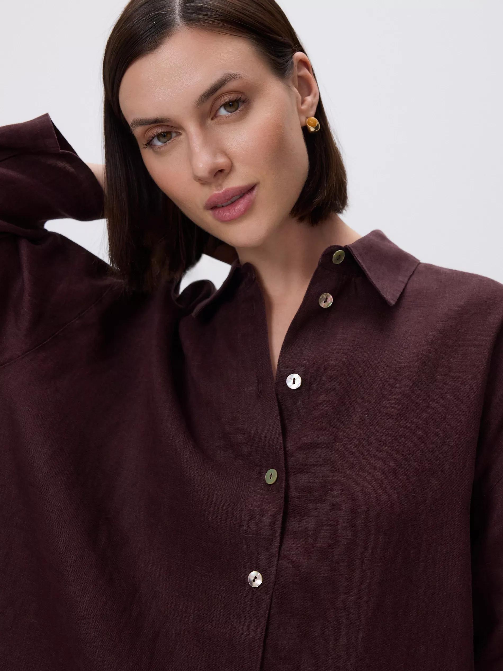 Brown Long Linen Shirt, Brown, large image number 2