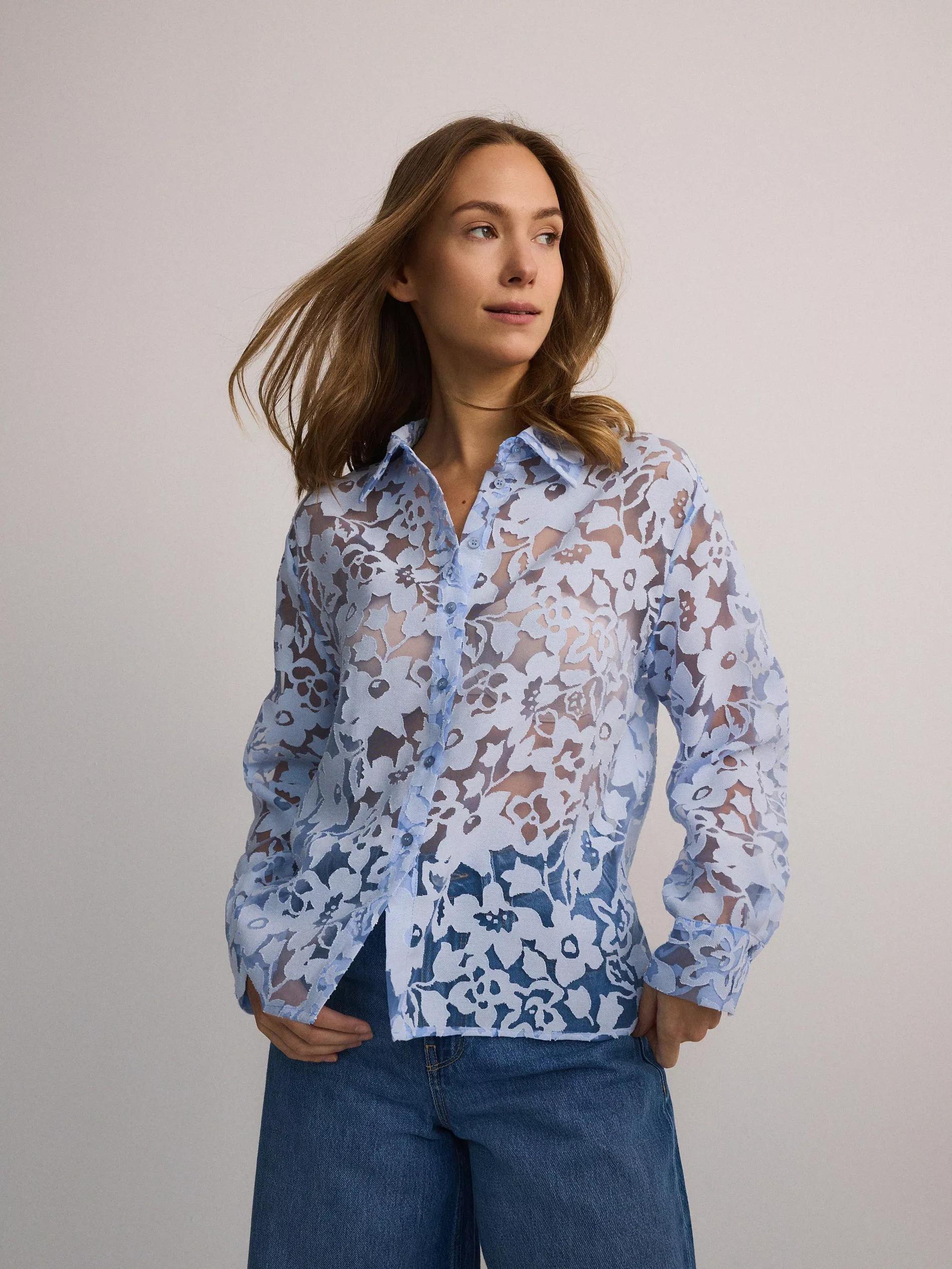 Blue Patterned Viscose Shirt, , large image number 0