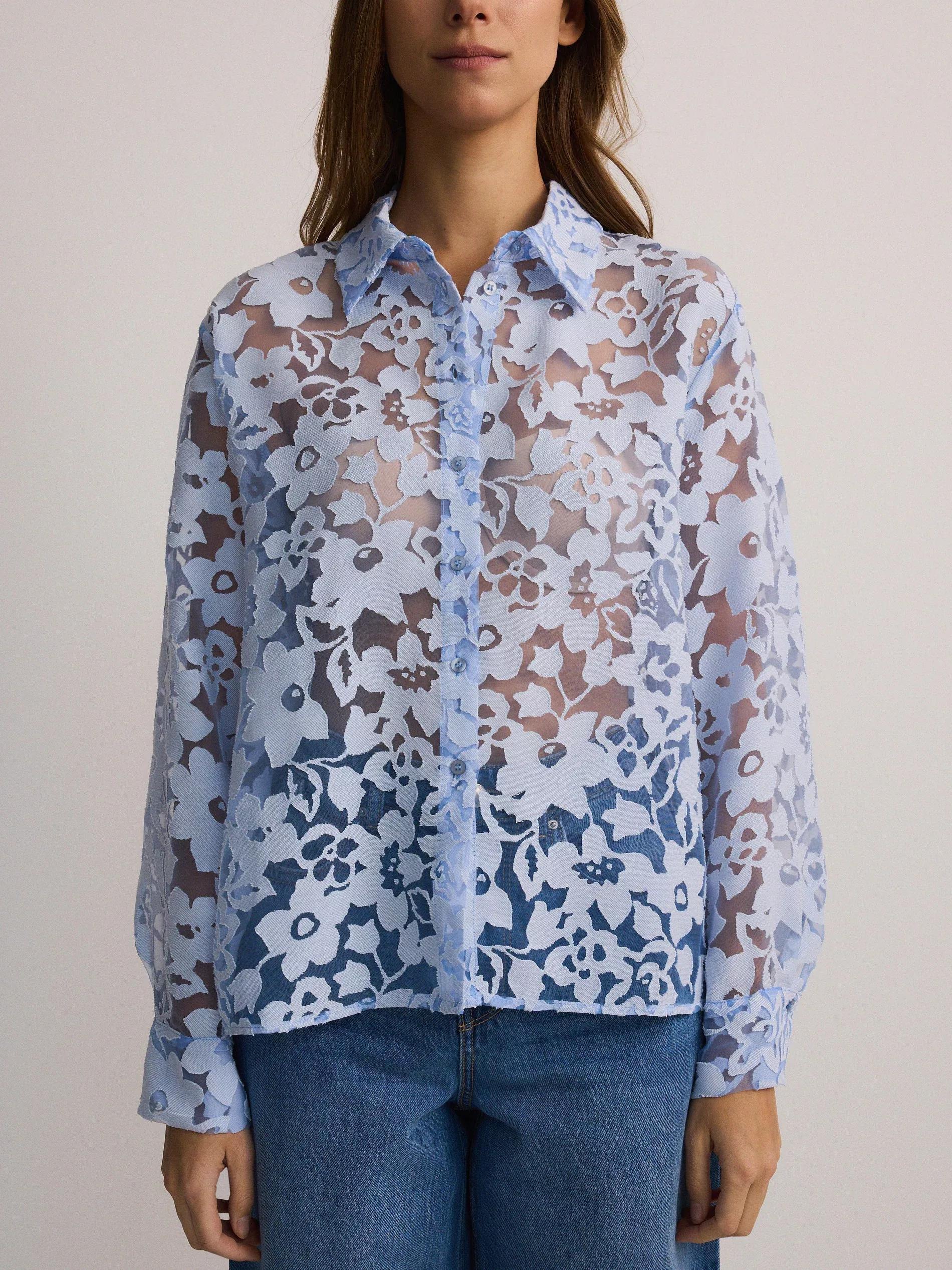 Blue Patterned Viscose Shirt, , large image number 1