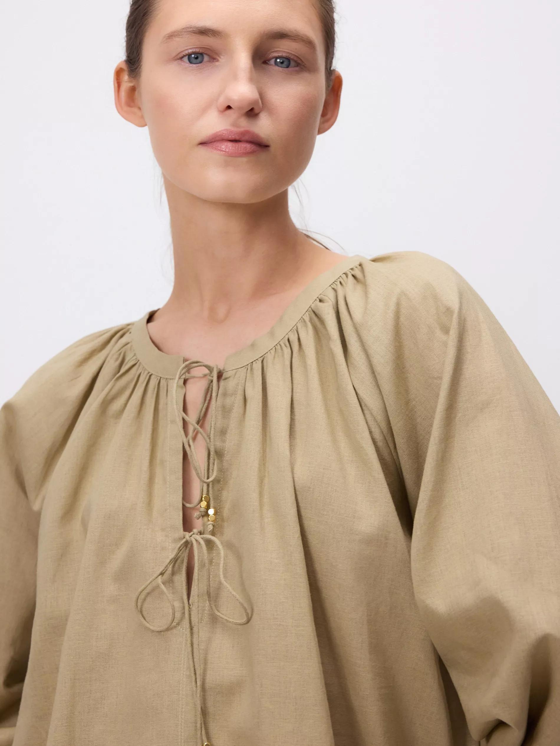 Green Linen Blend Blouse, Green, medium