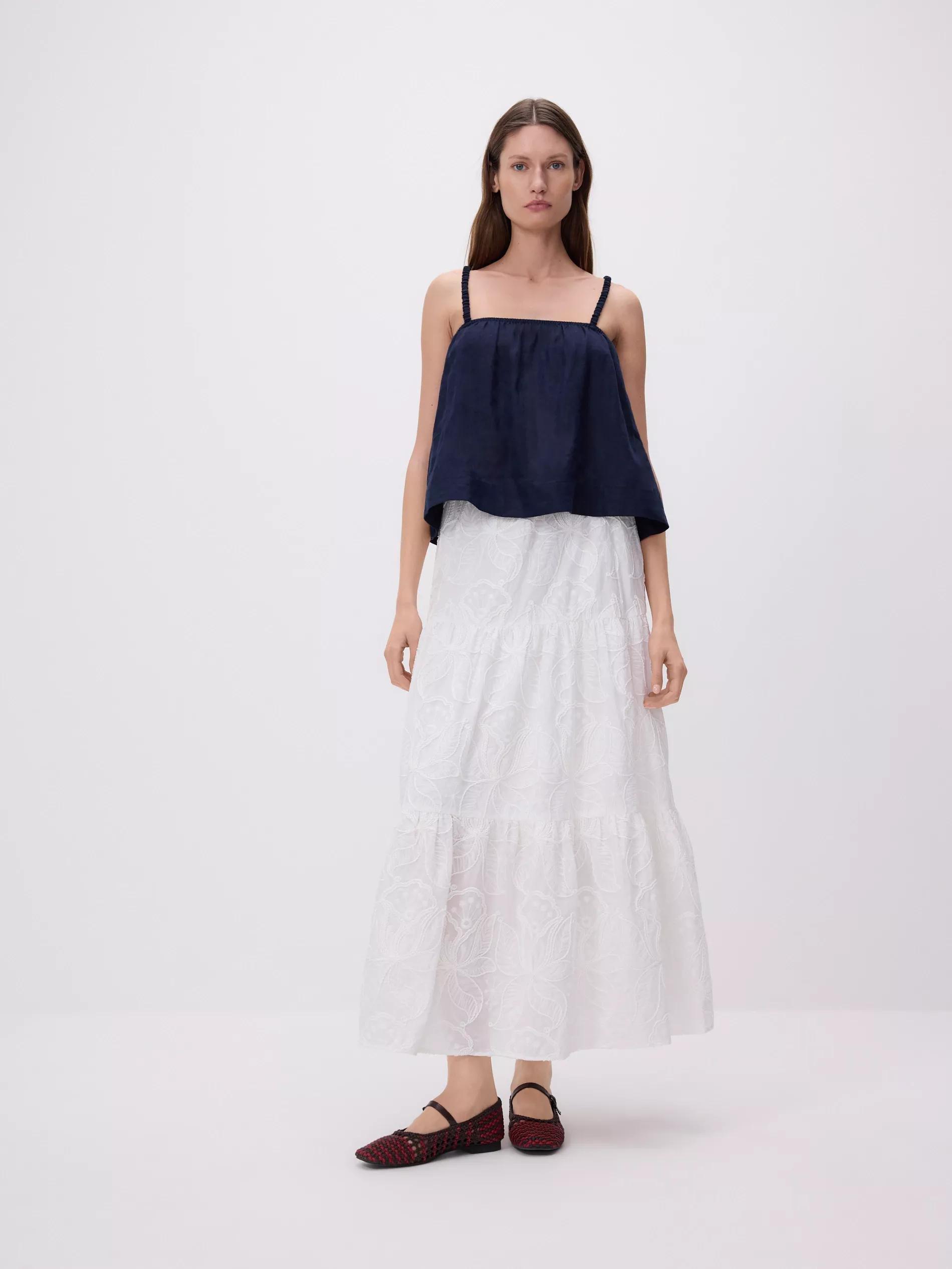 White Midi Skirt With Embroidery, White, large image number 0