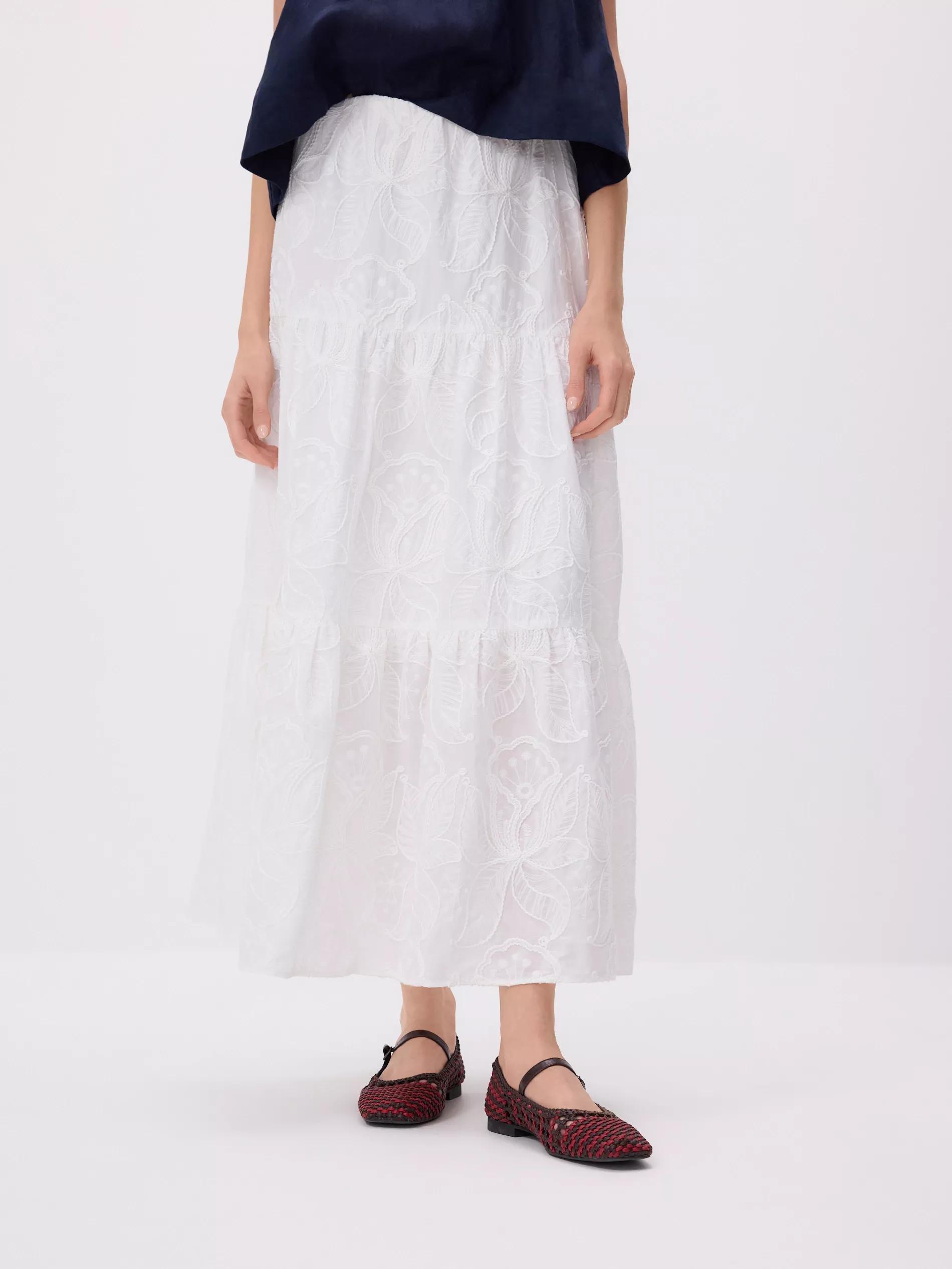 White Midi Skirt With Embroidery, White, large image number 1