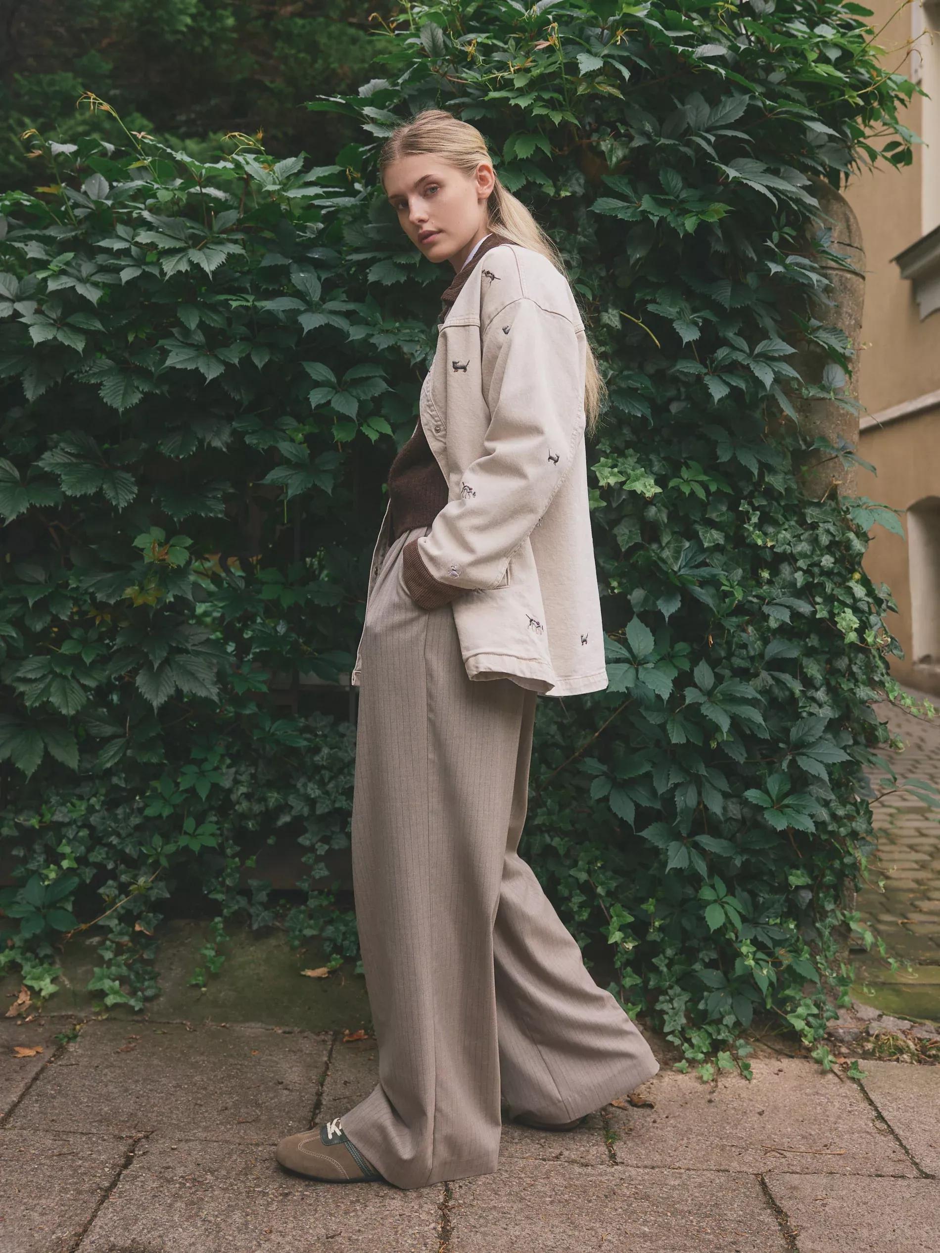 Beige Wide Leg Stripe Trousers, Beige, large image number 2