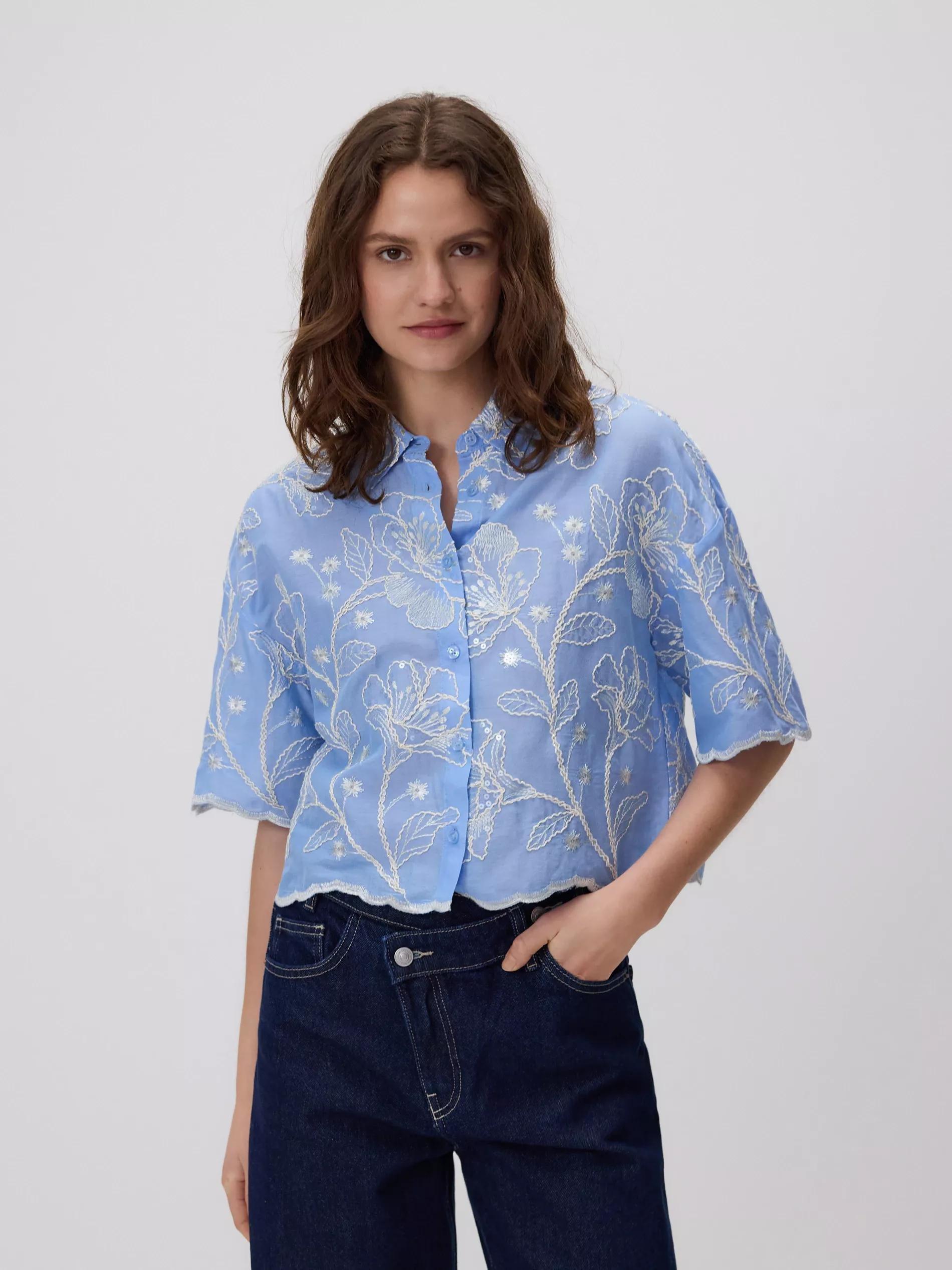 Blue Cotton Shirt With Embroidery, , medium