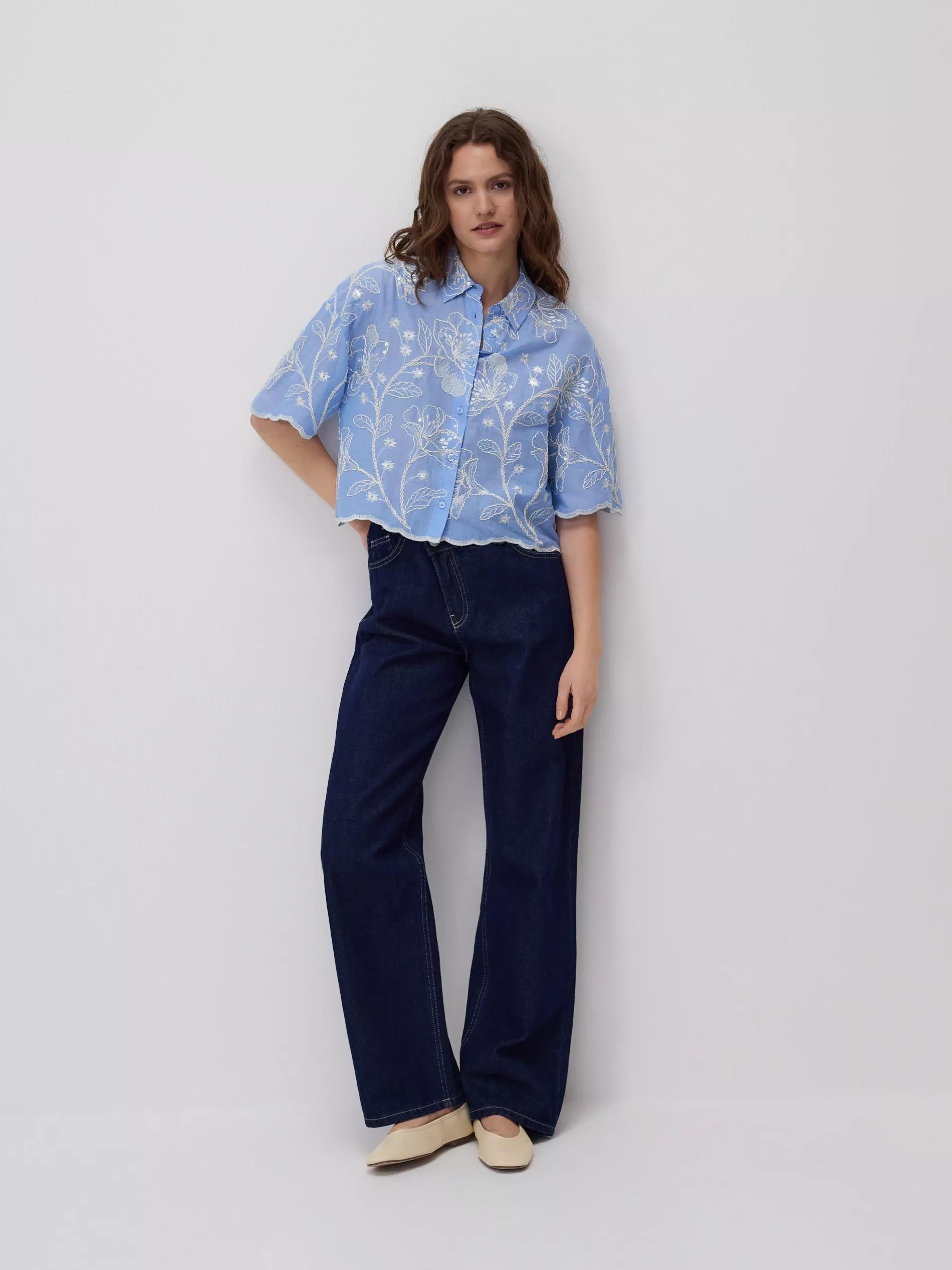 Blue Cotton Shirt With Embroidery, , large image number 1