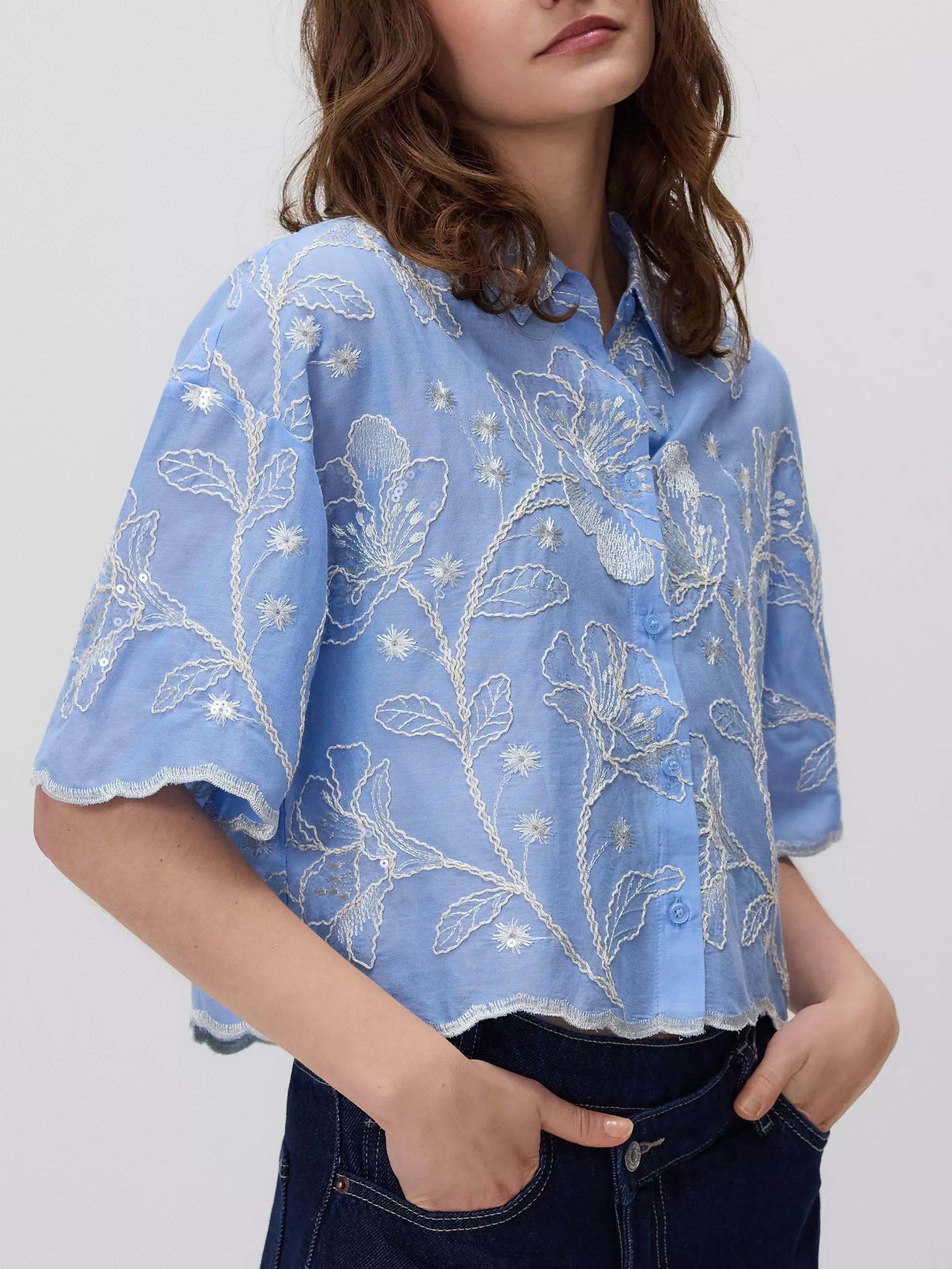Blue Cotton Shirt With Embroidery, , large image number 2