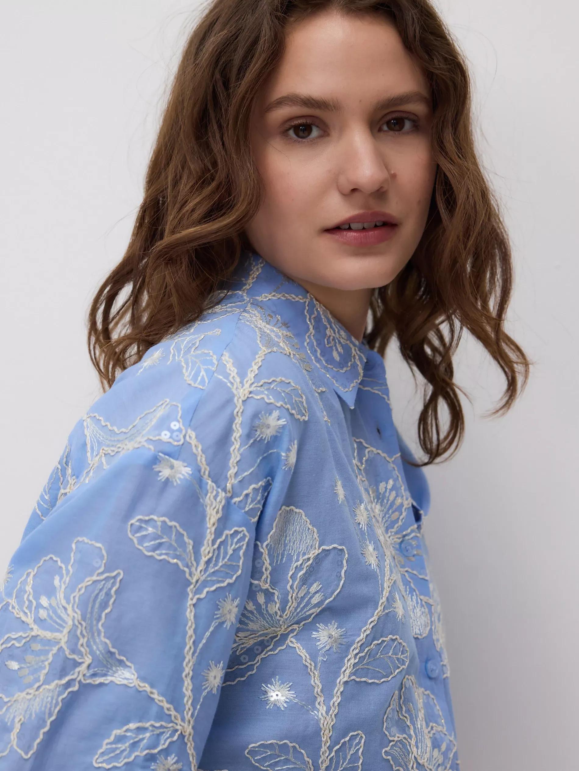 Blue Cotton Shirt With Embroidery, , large image number 3
