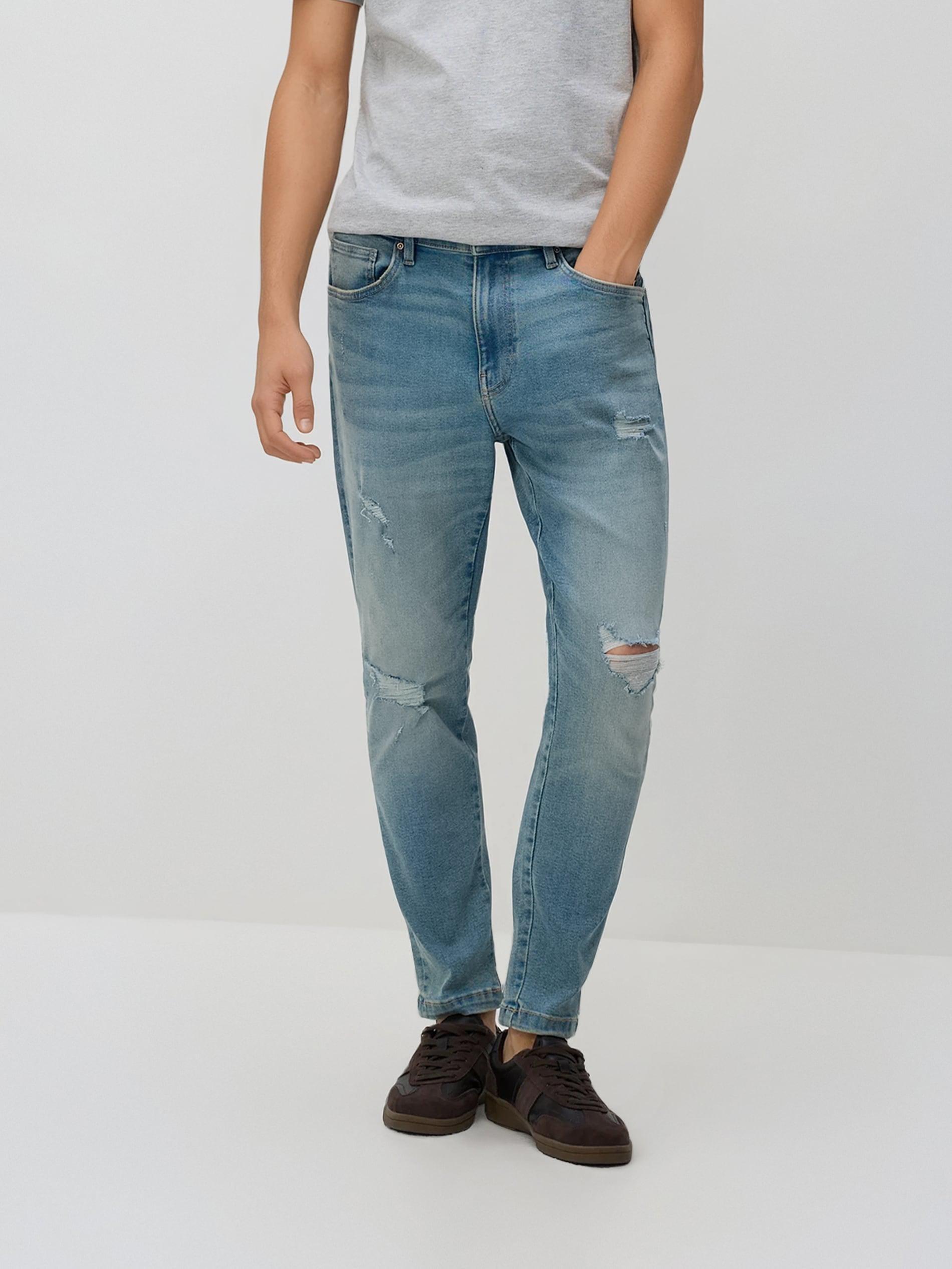 Blue Jeans Distressed Carrot Slim Jeans, Blue, large image number 1