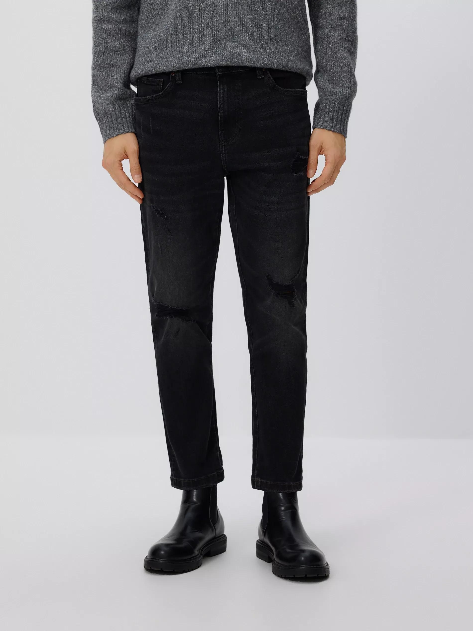 Black Distressed Carrot Slim Jeans, Black, large image number 0