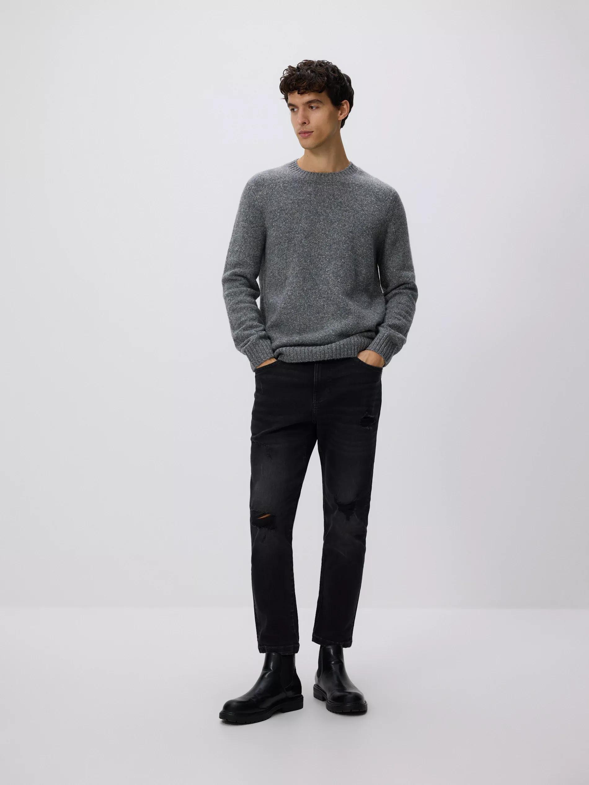 Black Distressed Carrot Slim Jeans, Black, large image number 1