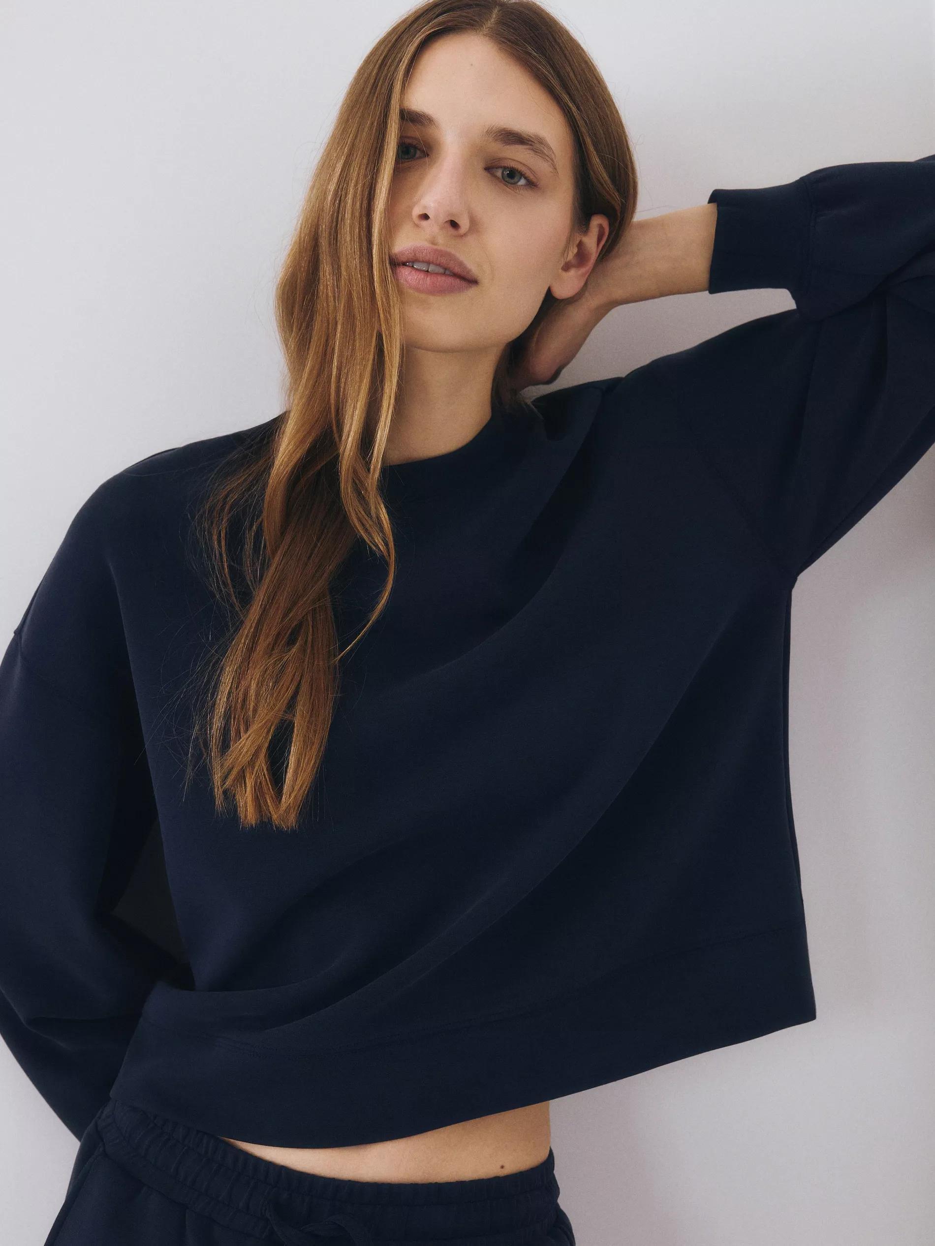 Blue Plain Cropped Blouse, Navy, medium