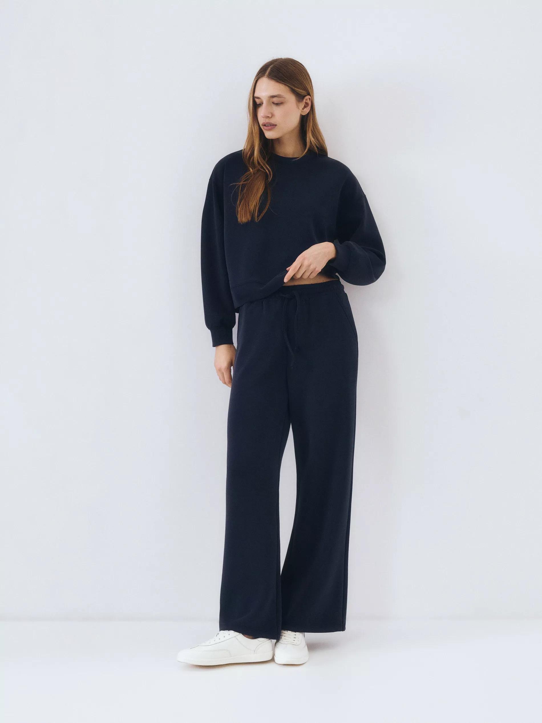 Blue Plain Cropped Blouse, Navy, medium