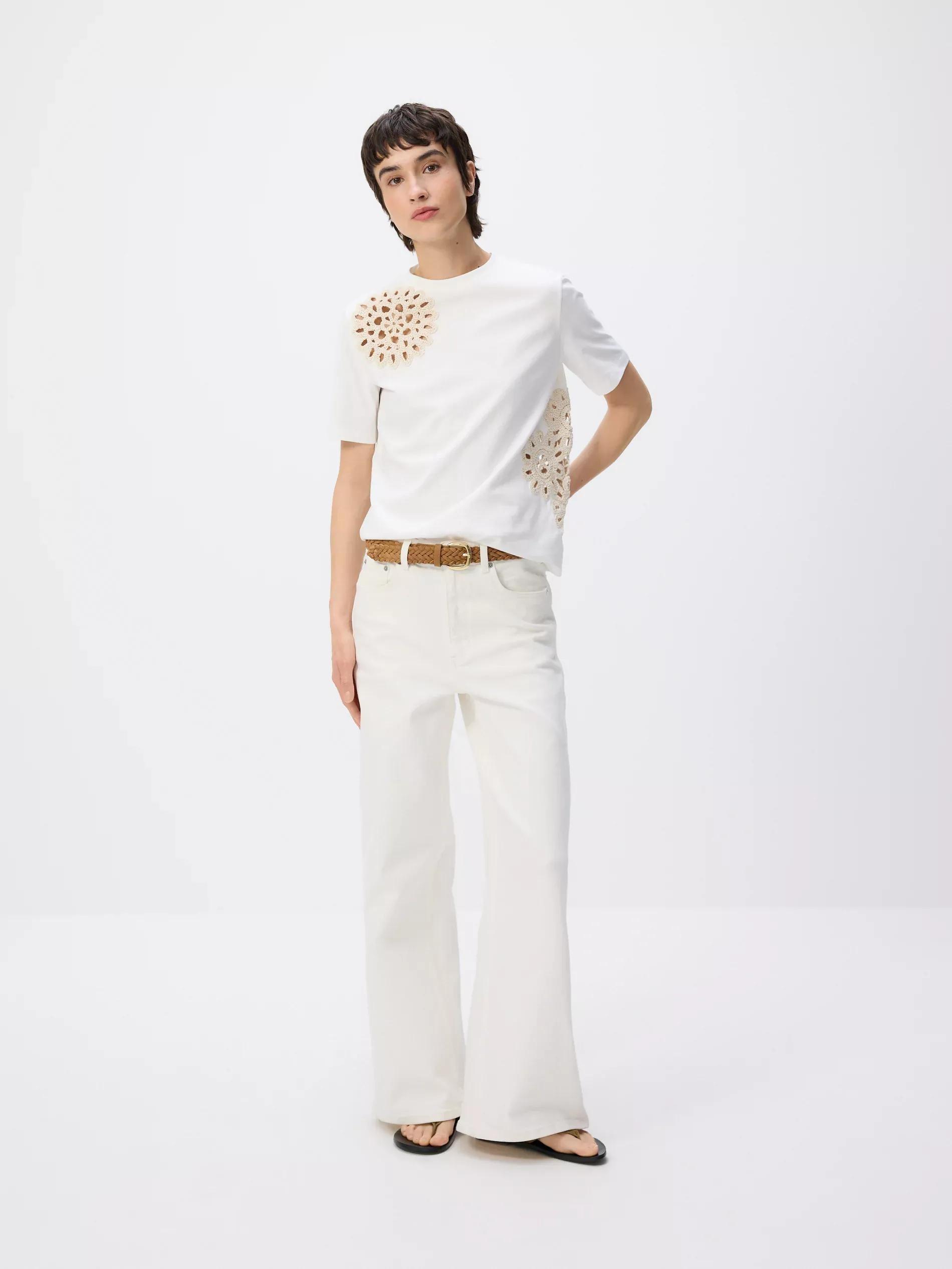 Cream T-Shirt With Crochet Application, , large image number 0