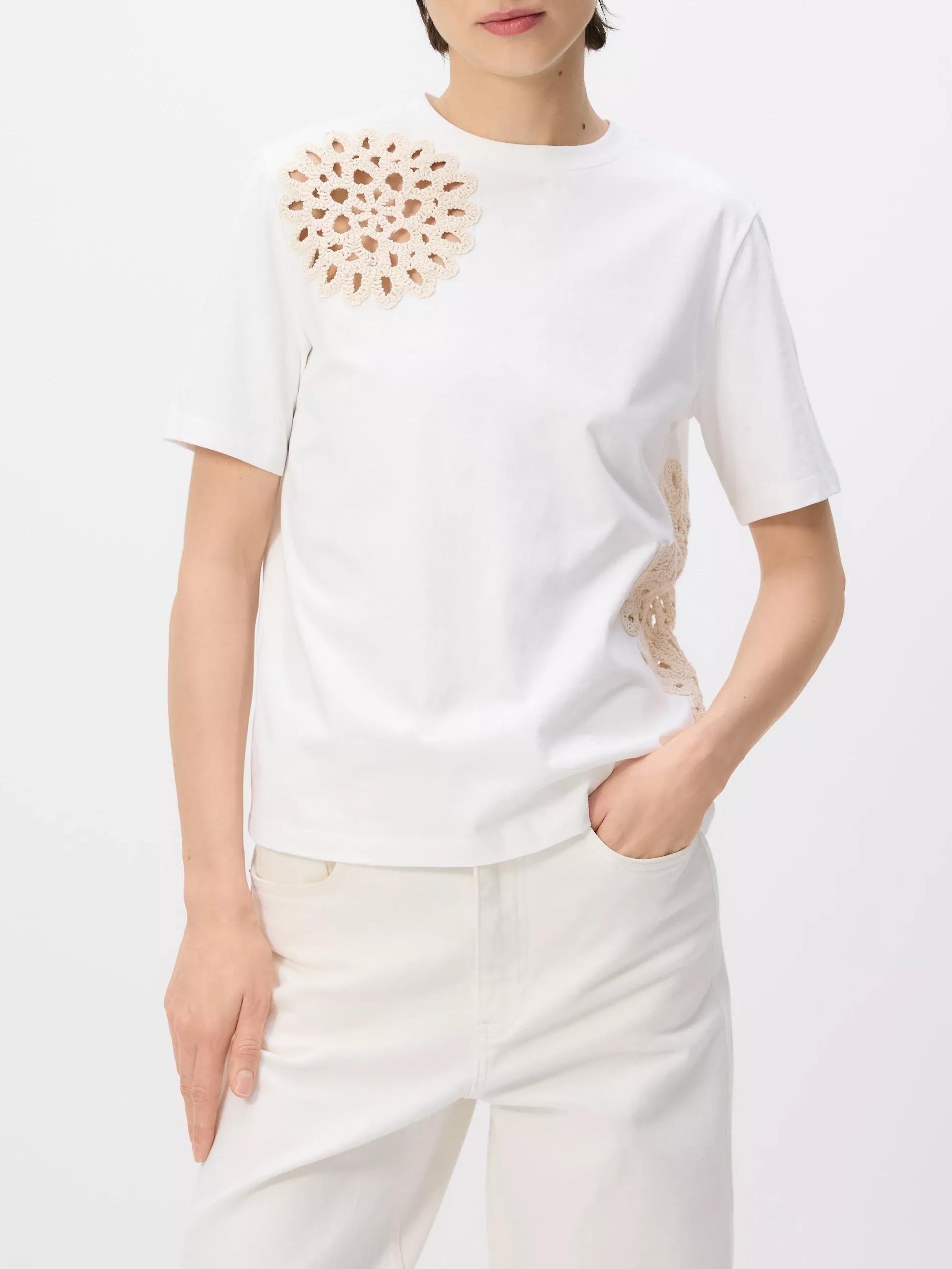 Cream T-Shirt With Crochet Application, , large image number 1