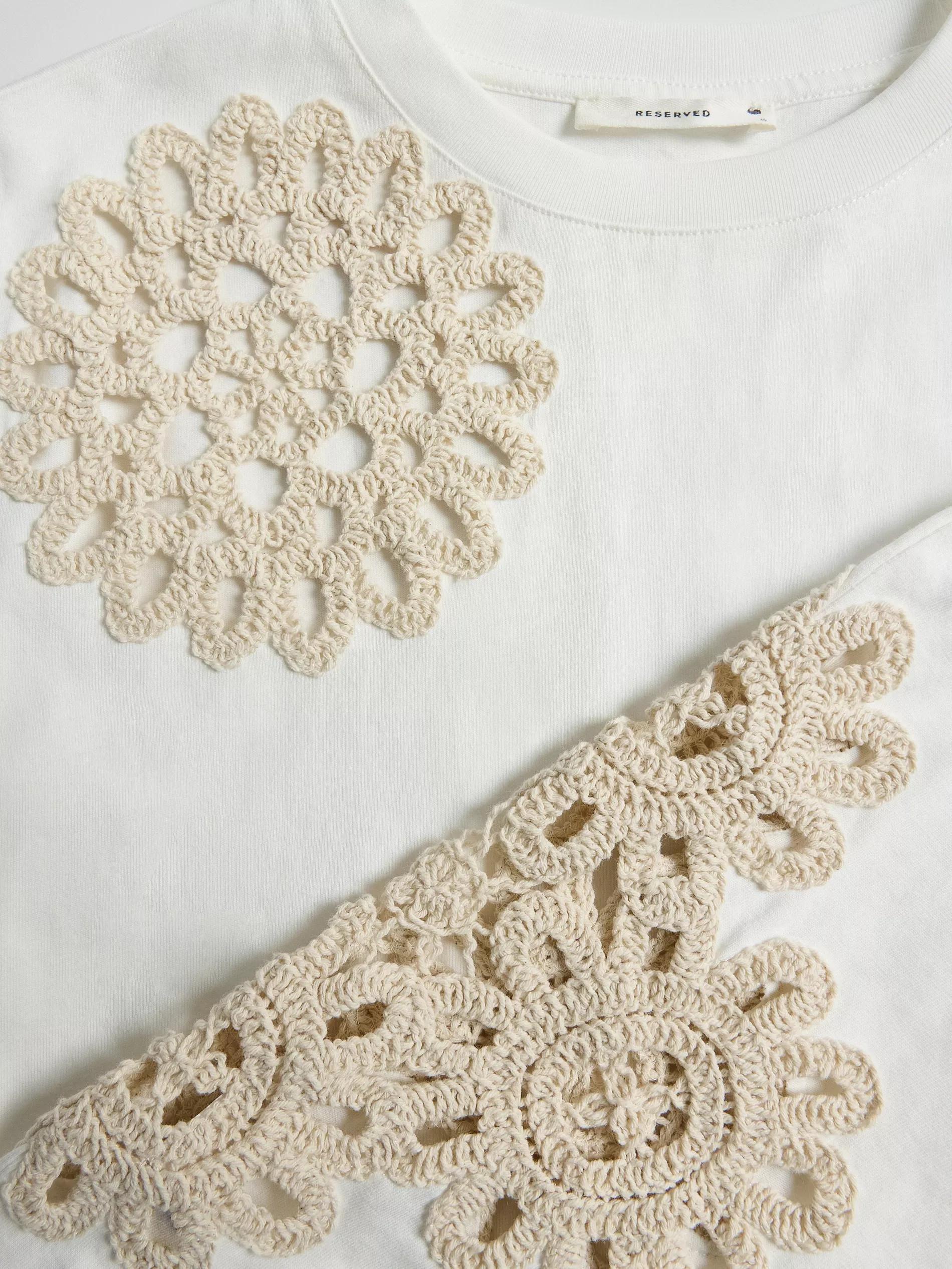 Cream T-Shirt With Crochet Application, , large image number 5