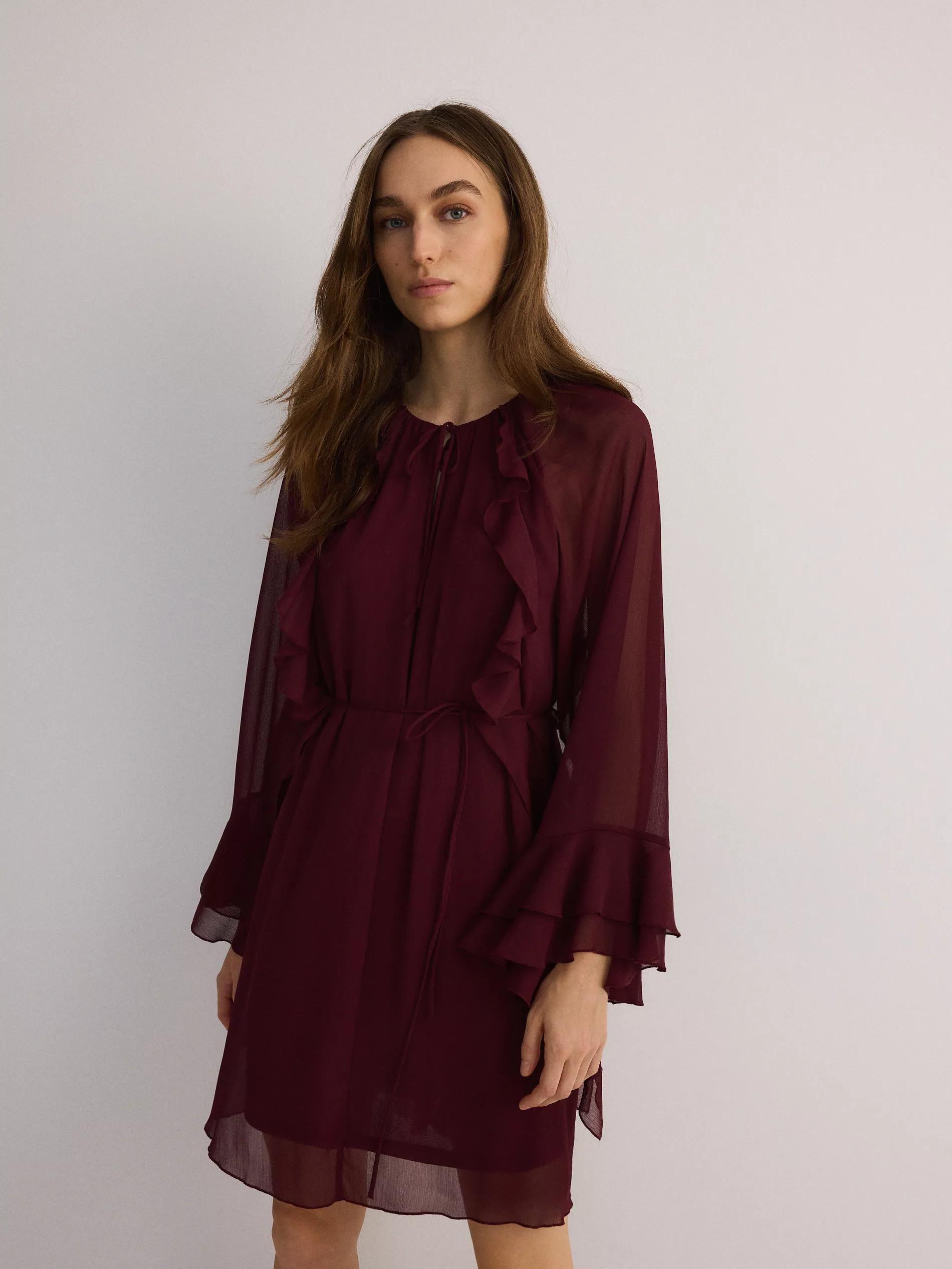Red Detailed Long Sleeve Mini Dress, , large image number 0