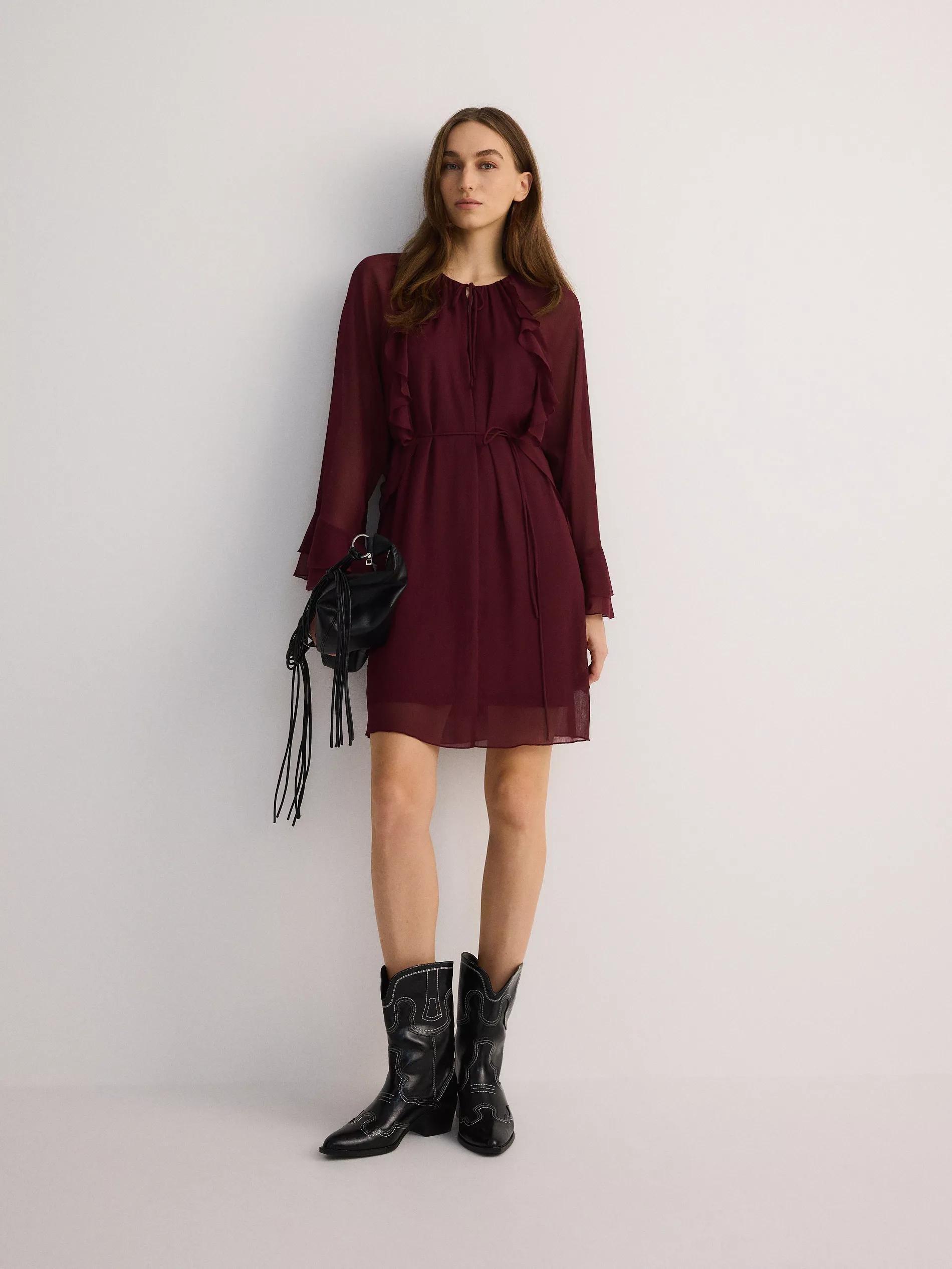 Red Detailed Long Sleeve Mini Dress, , large image number 1