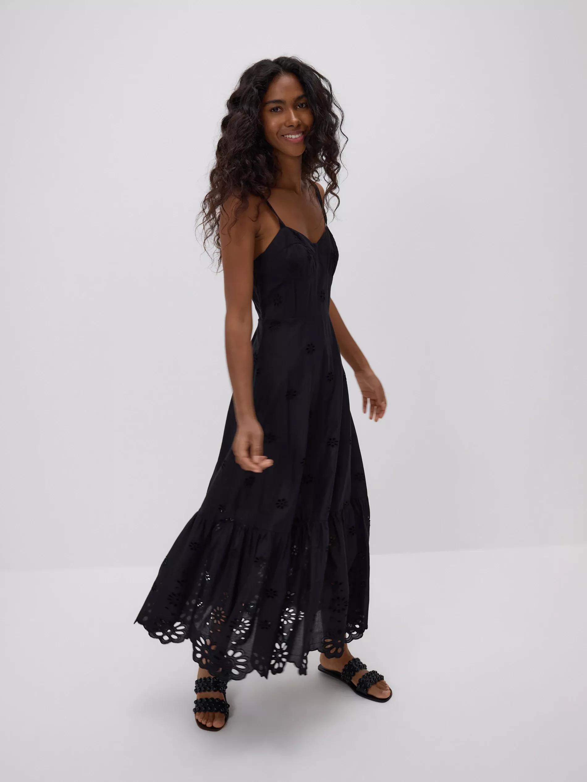 Black Midi Dress With Openwork Embroidery, , large image number 0