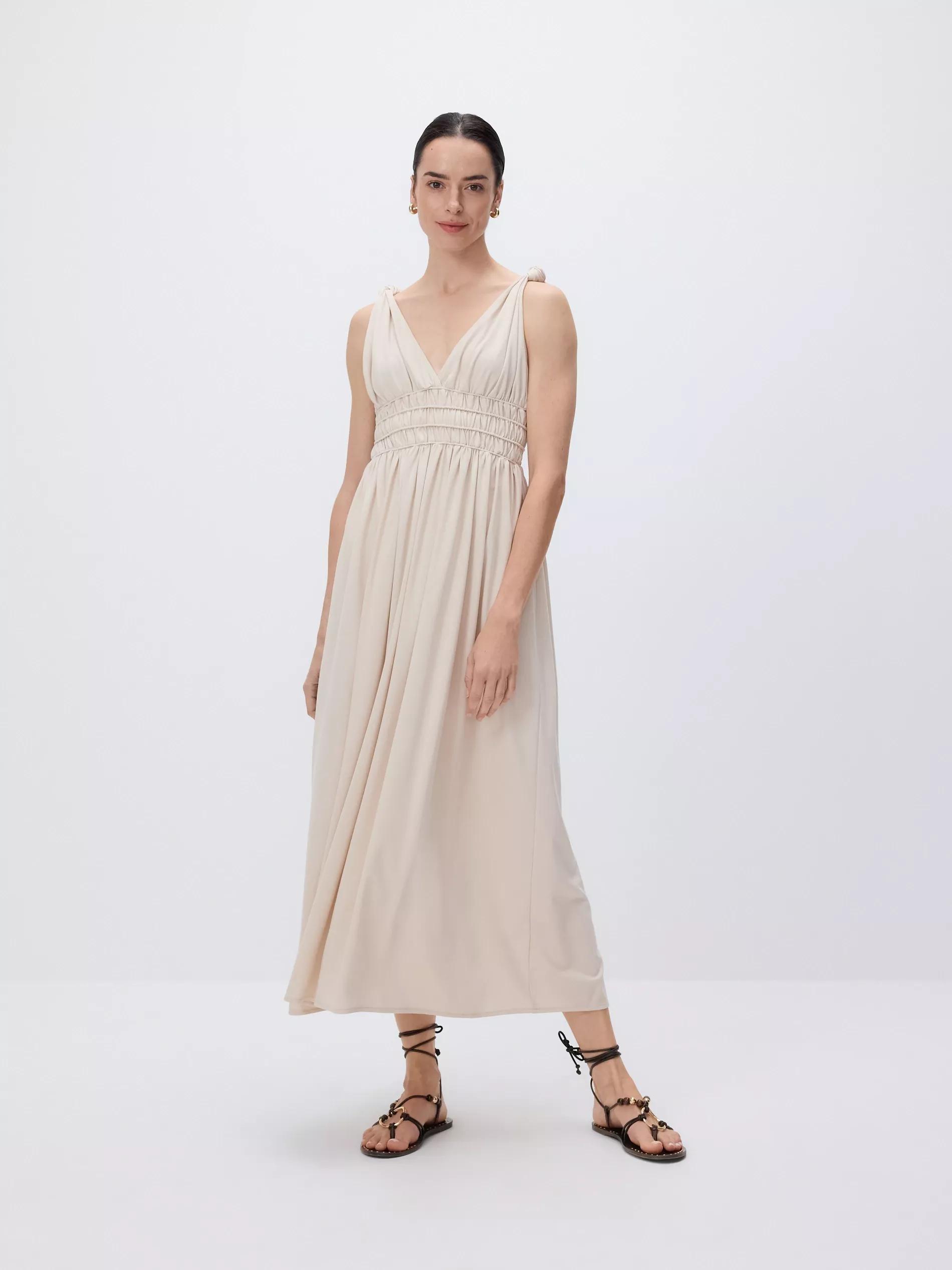 Beige Maxi Dress With Gathering, , large image number 0