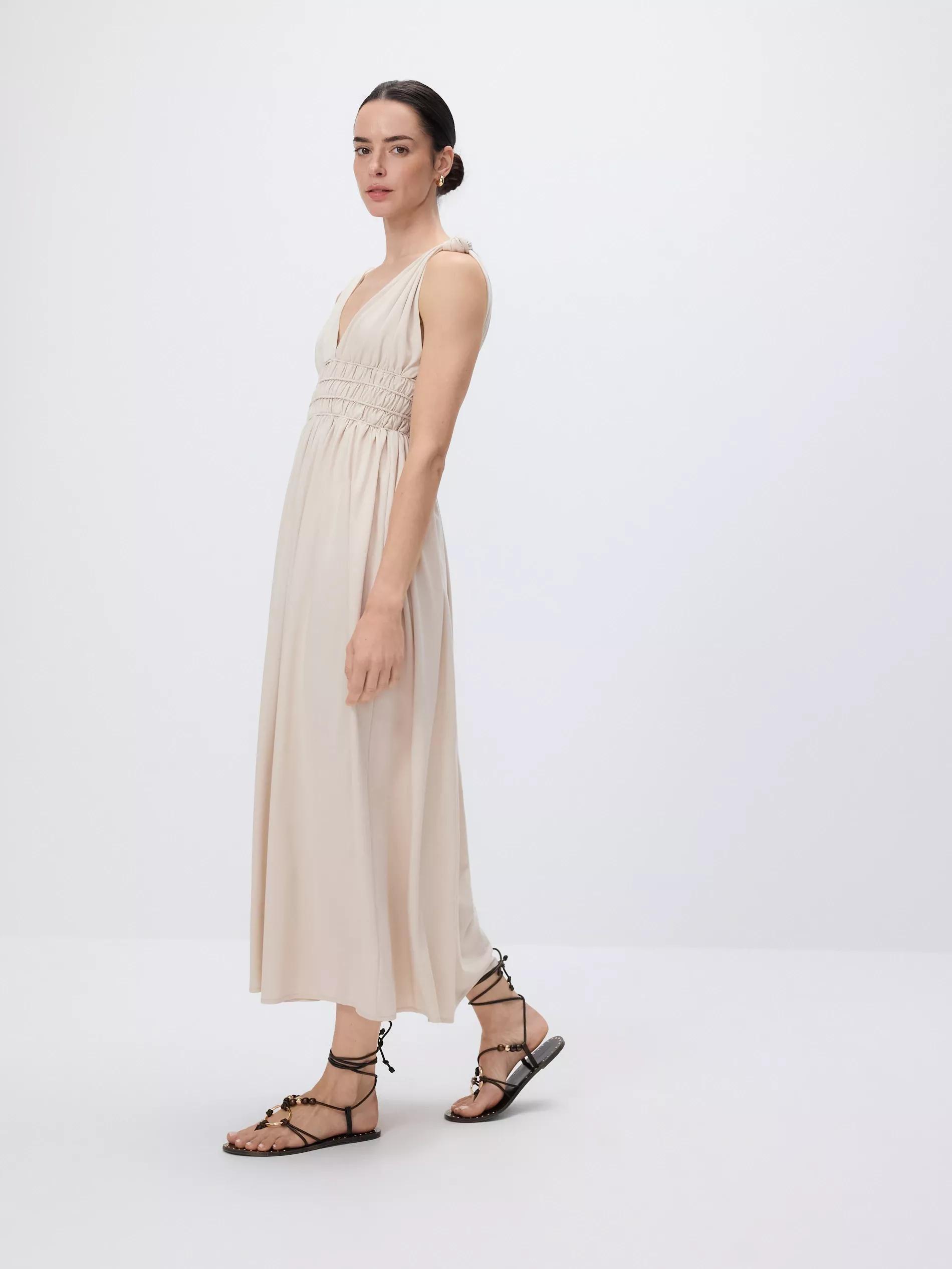 Beige Maxi Dress With Gathering, , large image number 2