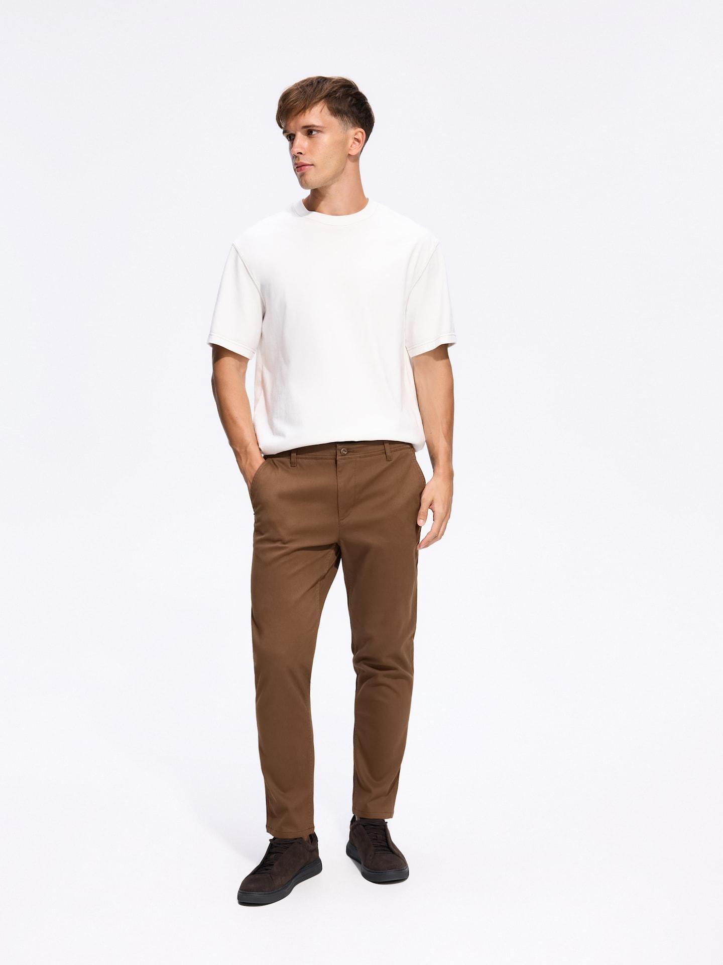 Brown Plain Chino Slim Trousers, Brown, large image number 1