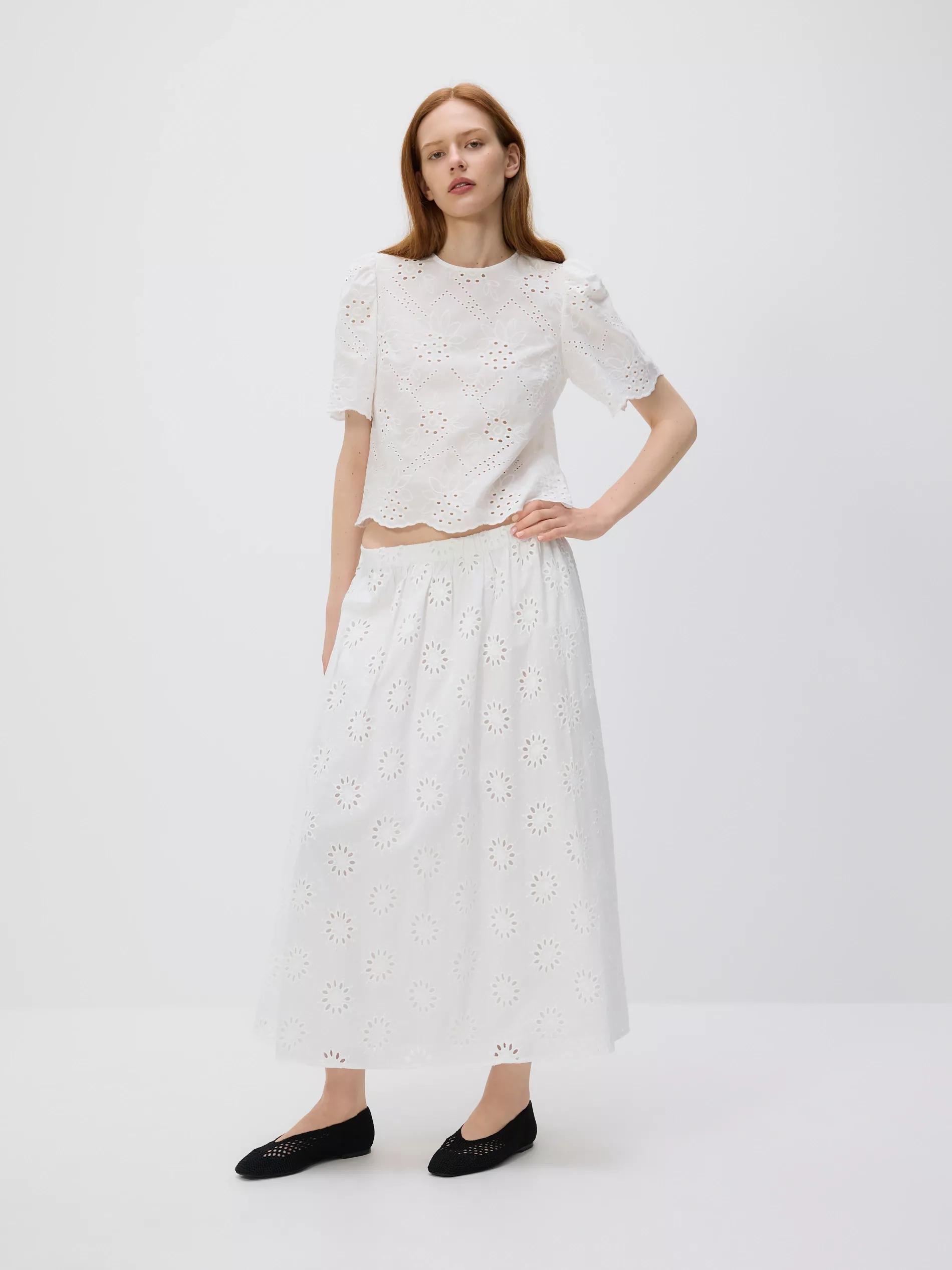 White Openwork Blouse With Puff Sleeves, , large image number 0