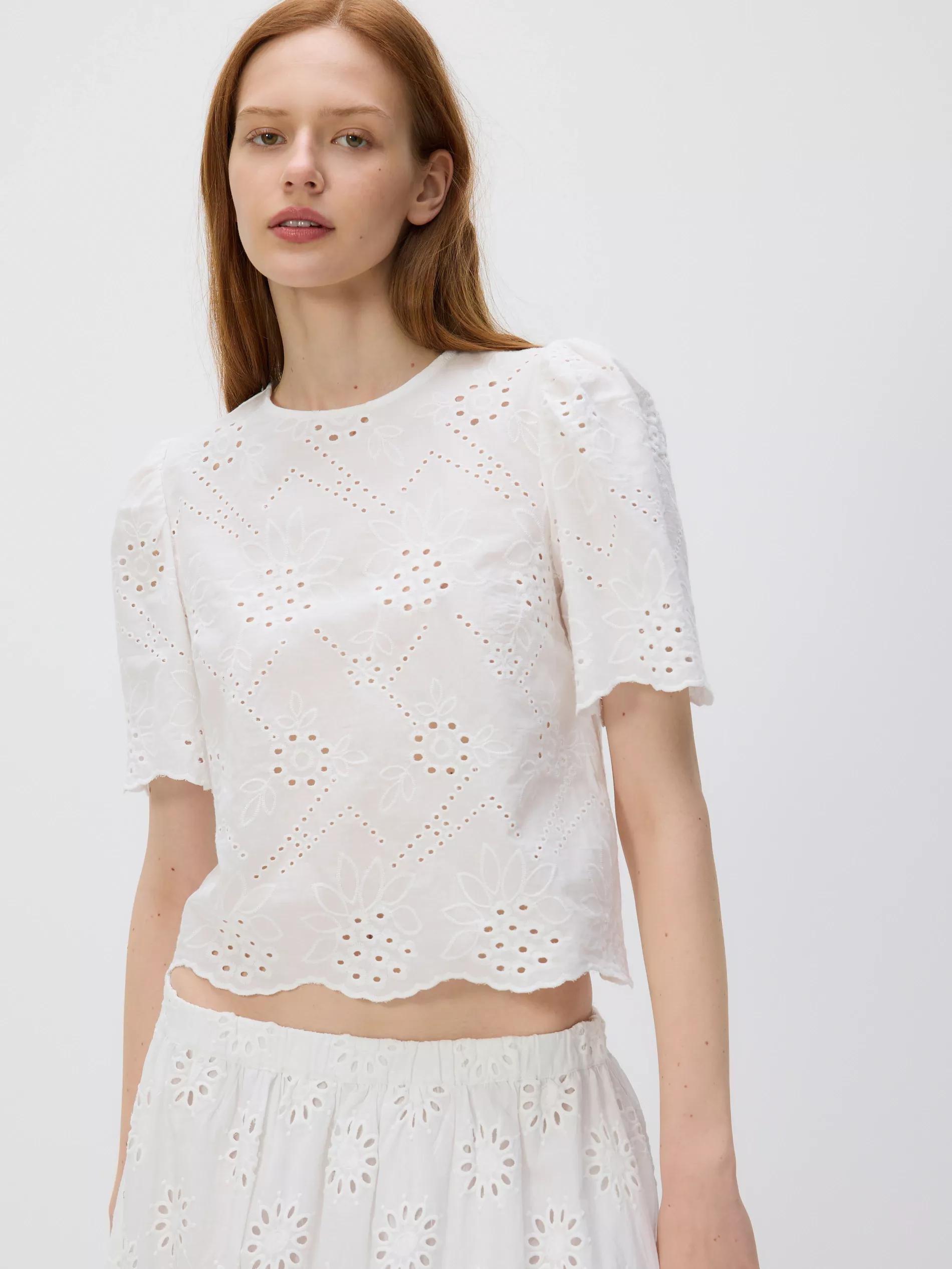 White Openwork Blouse With Puff Sleeves, , large image number 2