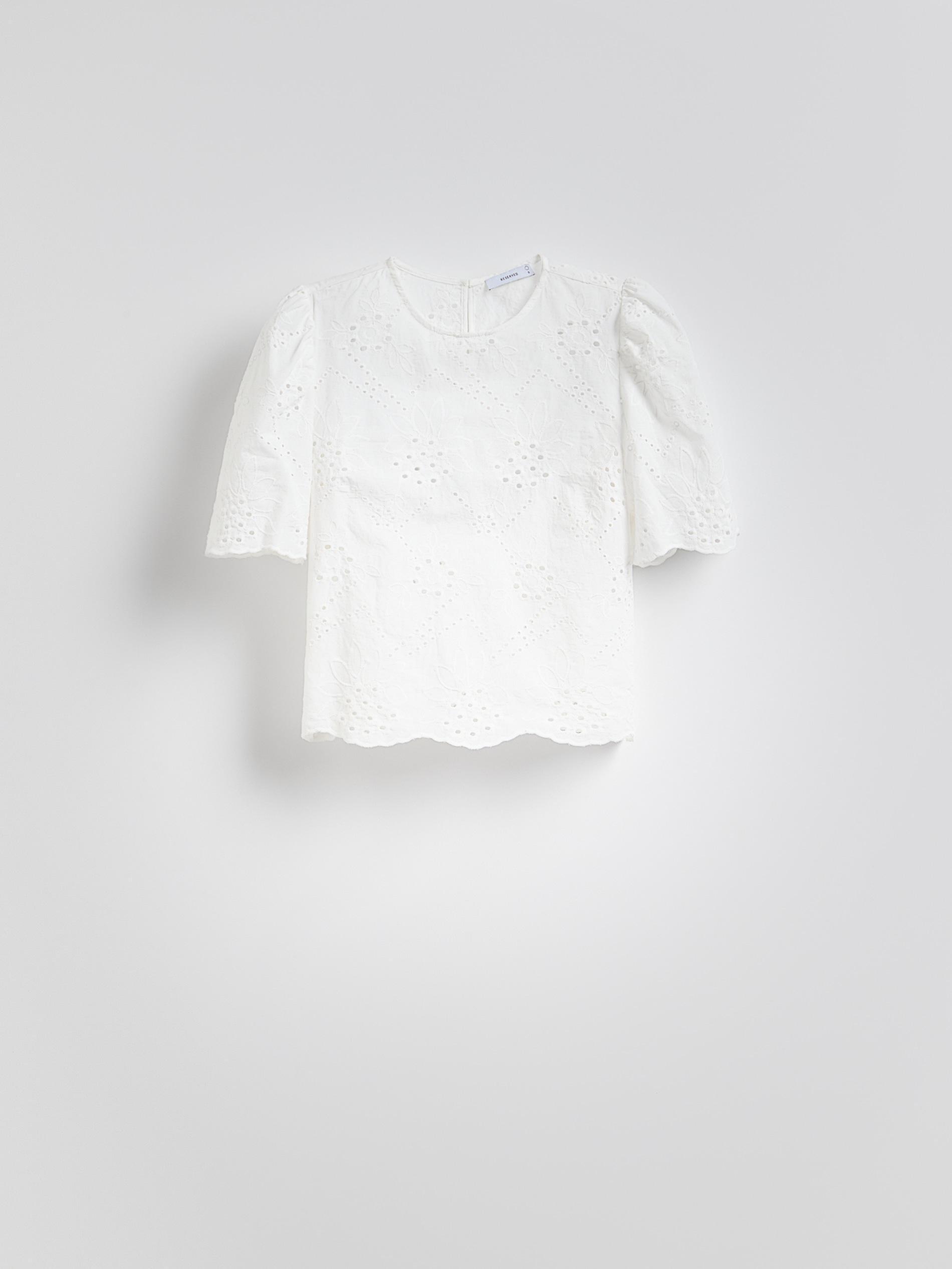 White Openwork Blouse With Puff Sleeves, , large image number 4