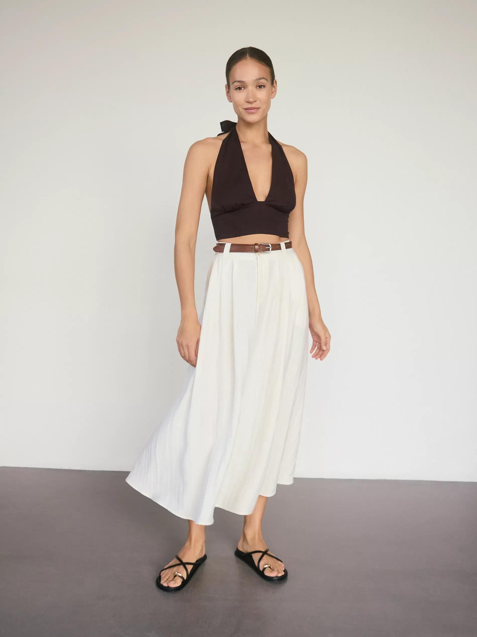 Cream Linen Blend Midi Skirt, , large image number 0