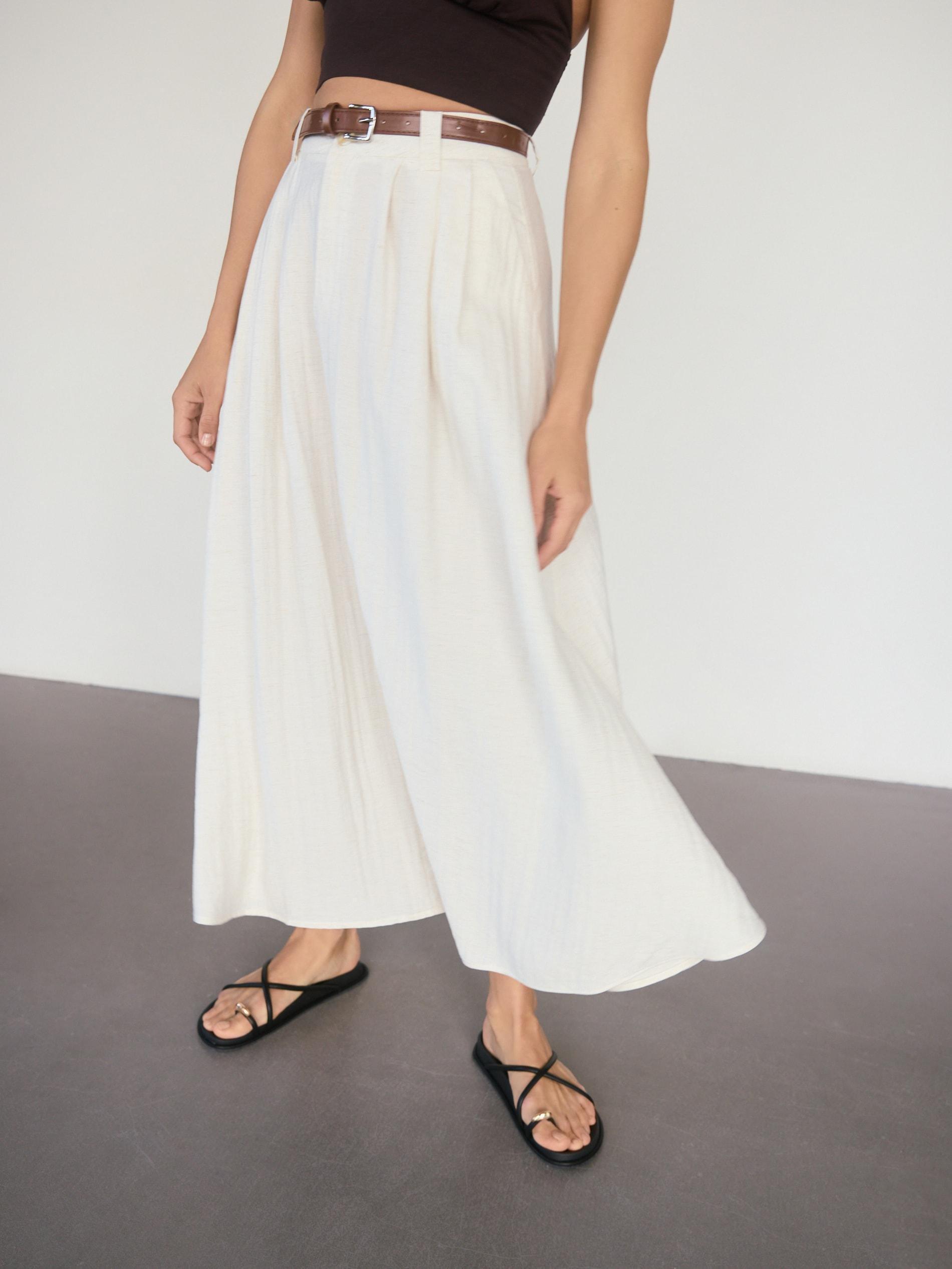 Cream Linen Blend Midi Skirt, , large image number 1