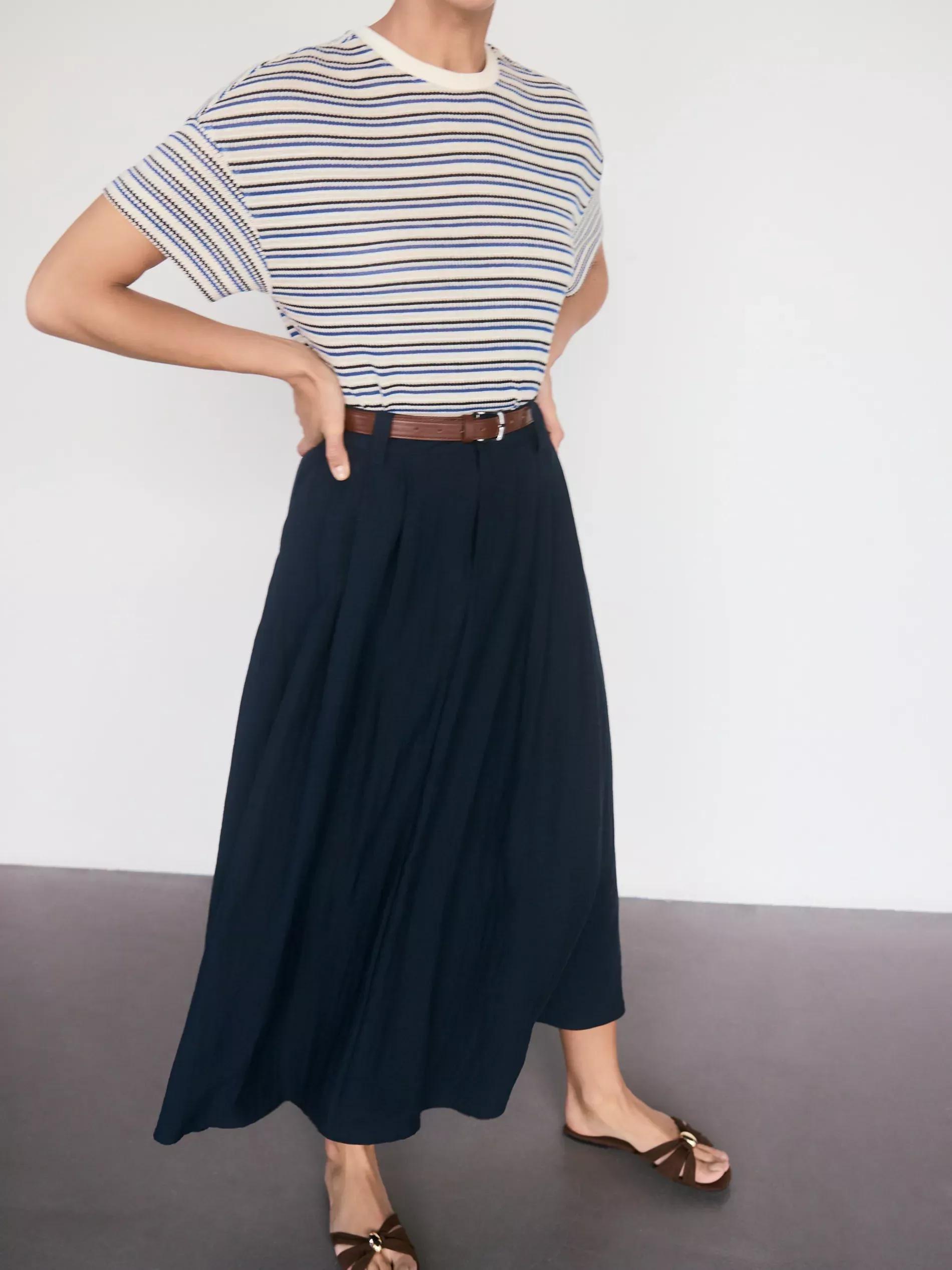 Navy Linen Blend Midi Skirt, , large image number 0
