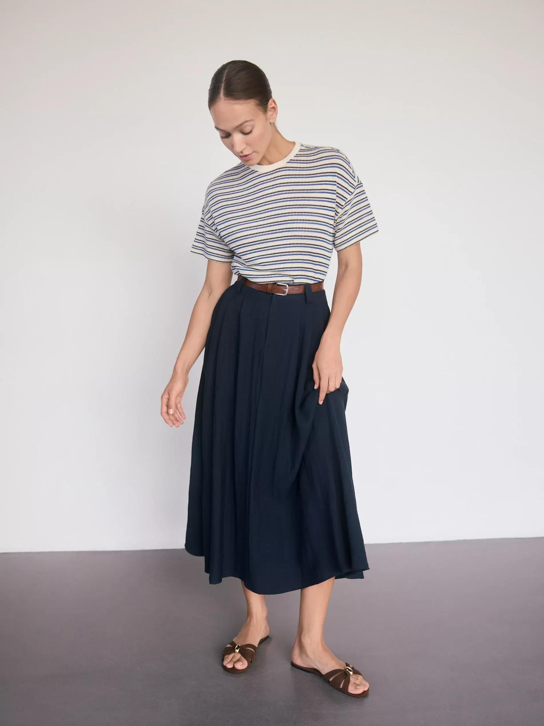 Navy Linen Blend Midi Skirt, , large image number 2