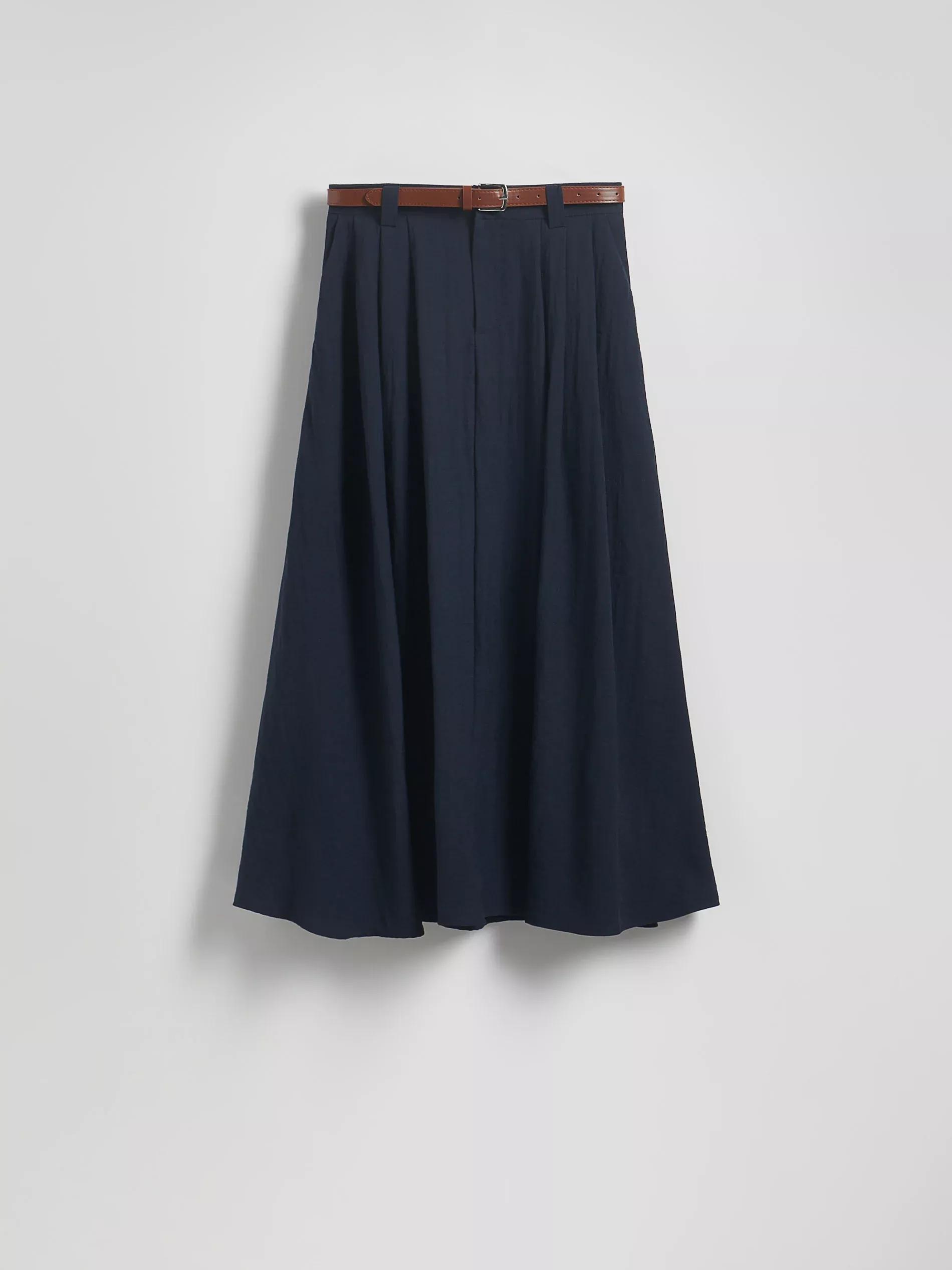 Navy Linen Blend Midi Skirt, , large image number 4