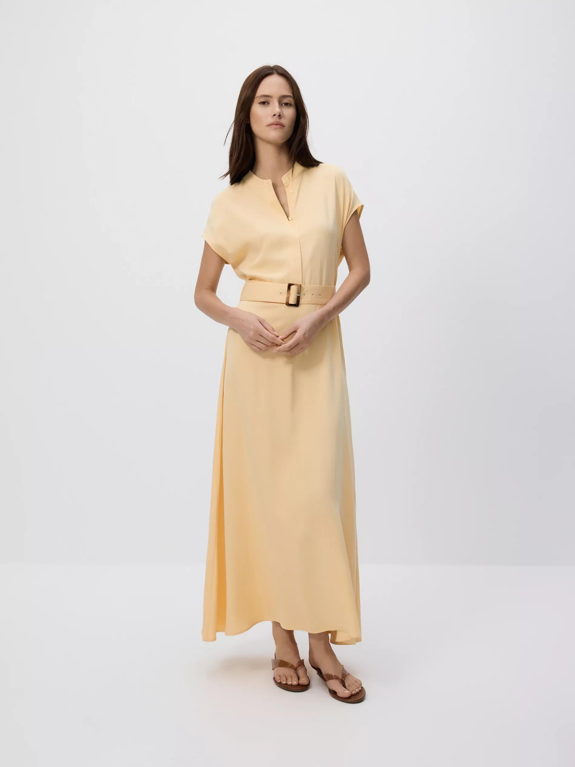 Yellow Midi Dress With Belt, Yellow, medium
