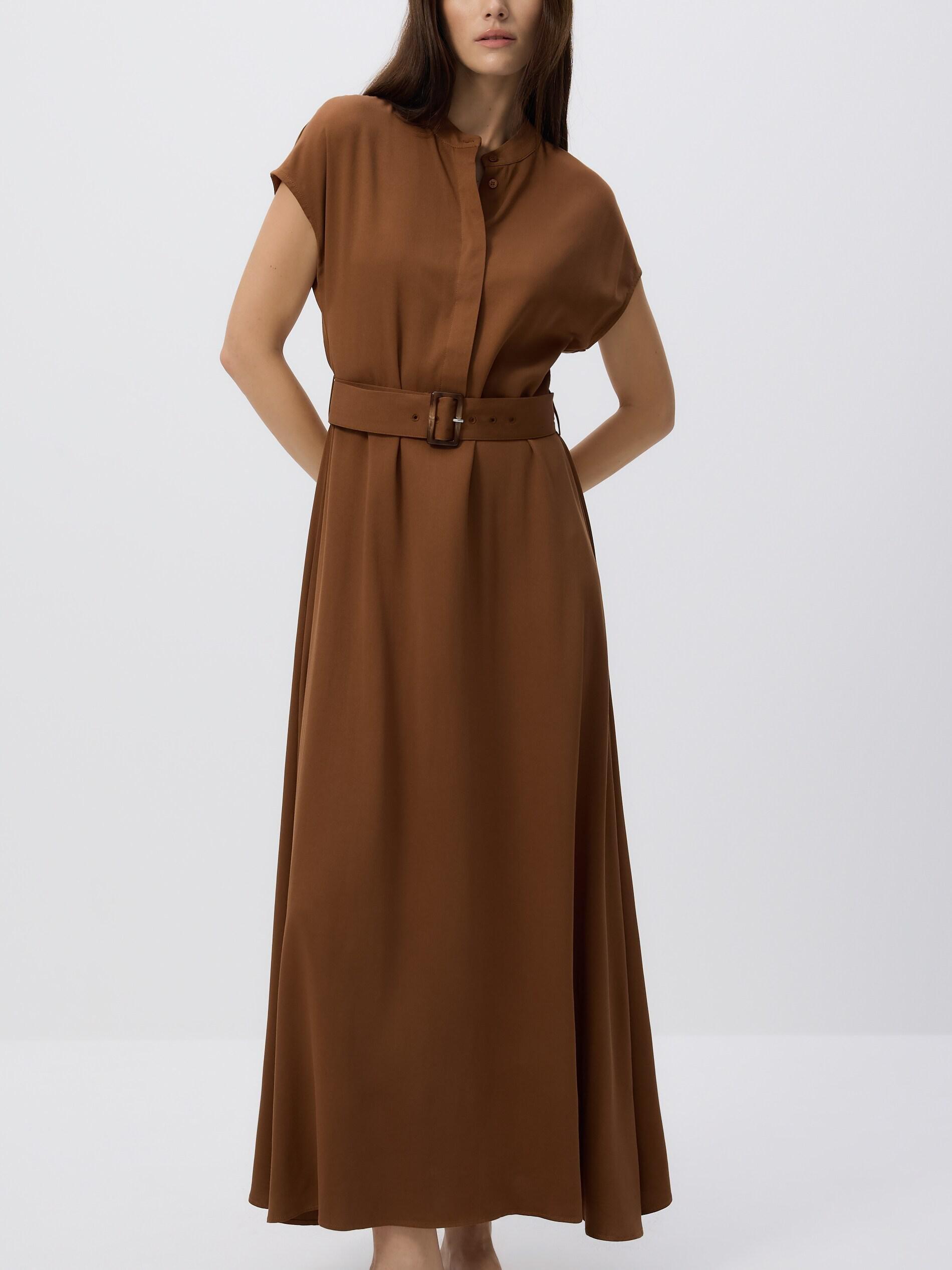 Brown Midi Dress With Belt, Brown, medium