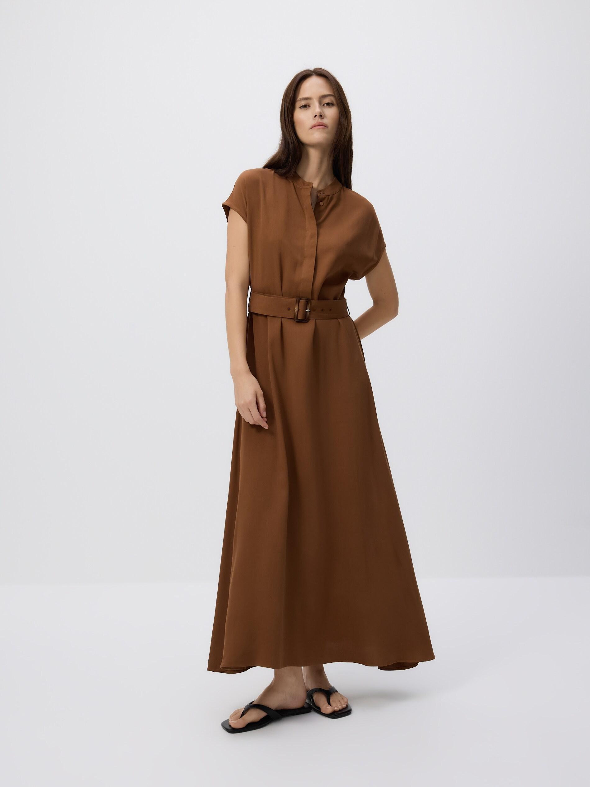 Brown Midi Dress With Belt, Brown, medium
