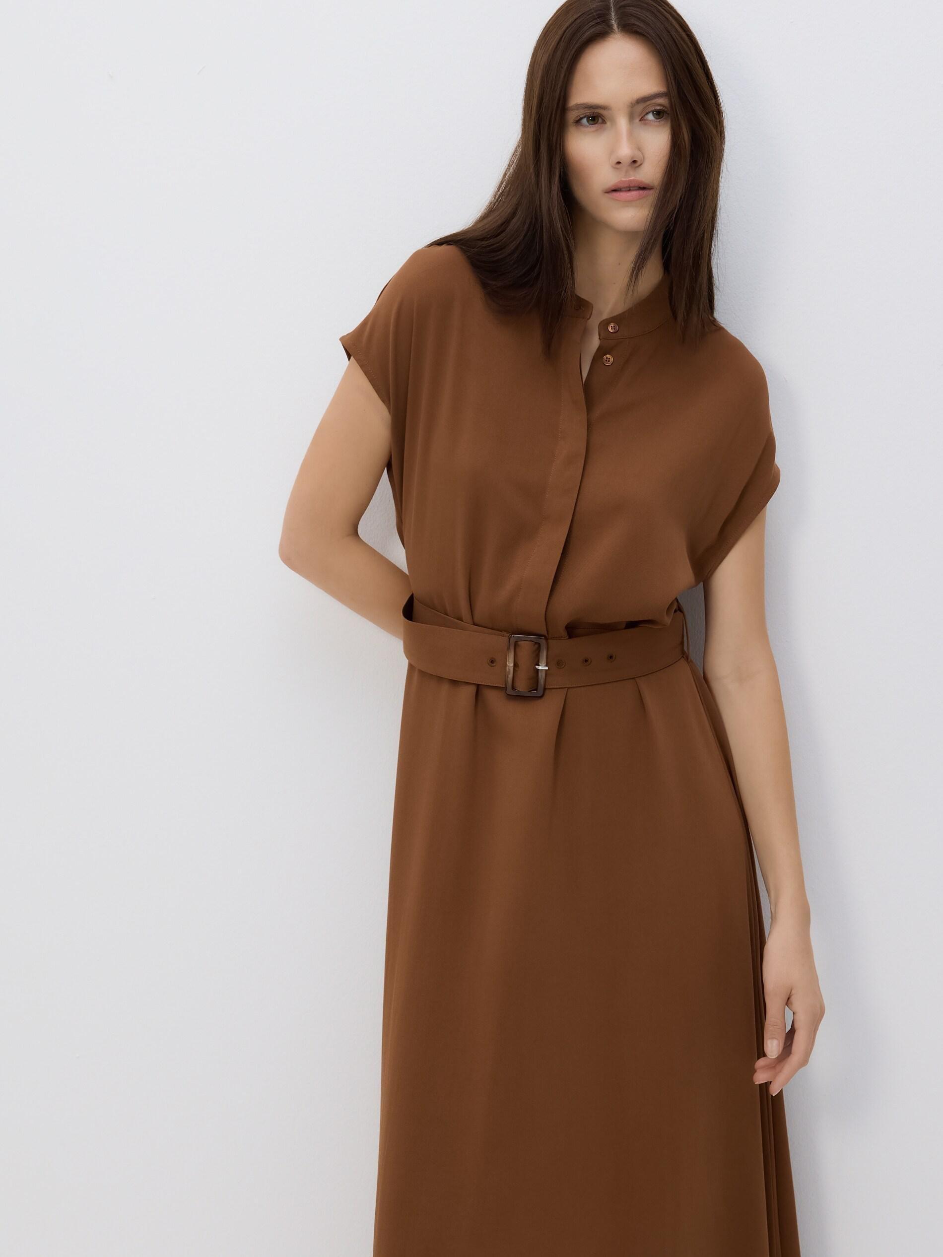 Brown Midi Dress With Belt, Brown, medium