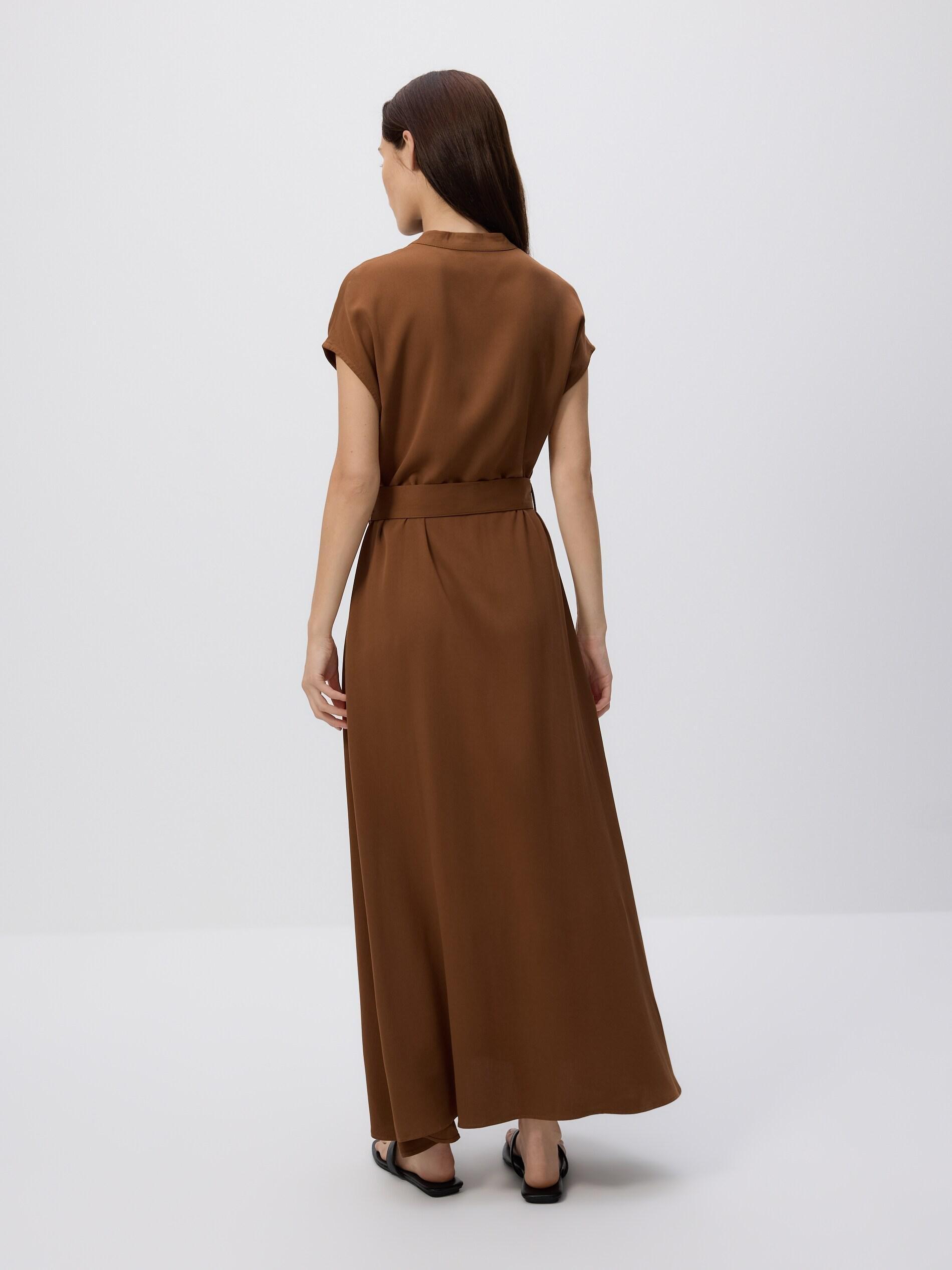 Brown Midi Dress With Belt, Brown, large image number 3