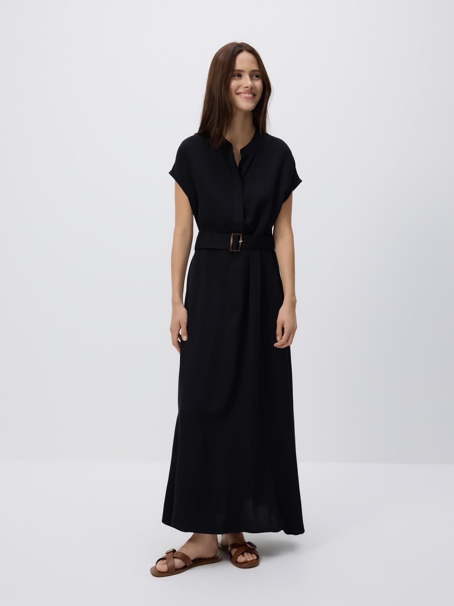 Black Midi Dress With Belt, Black, large image number 2