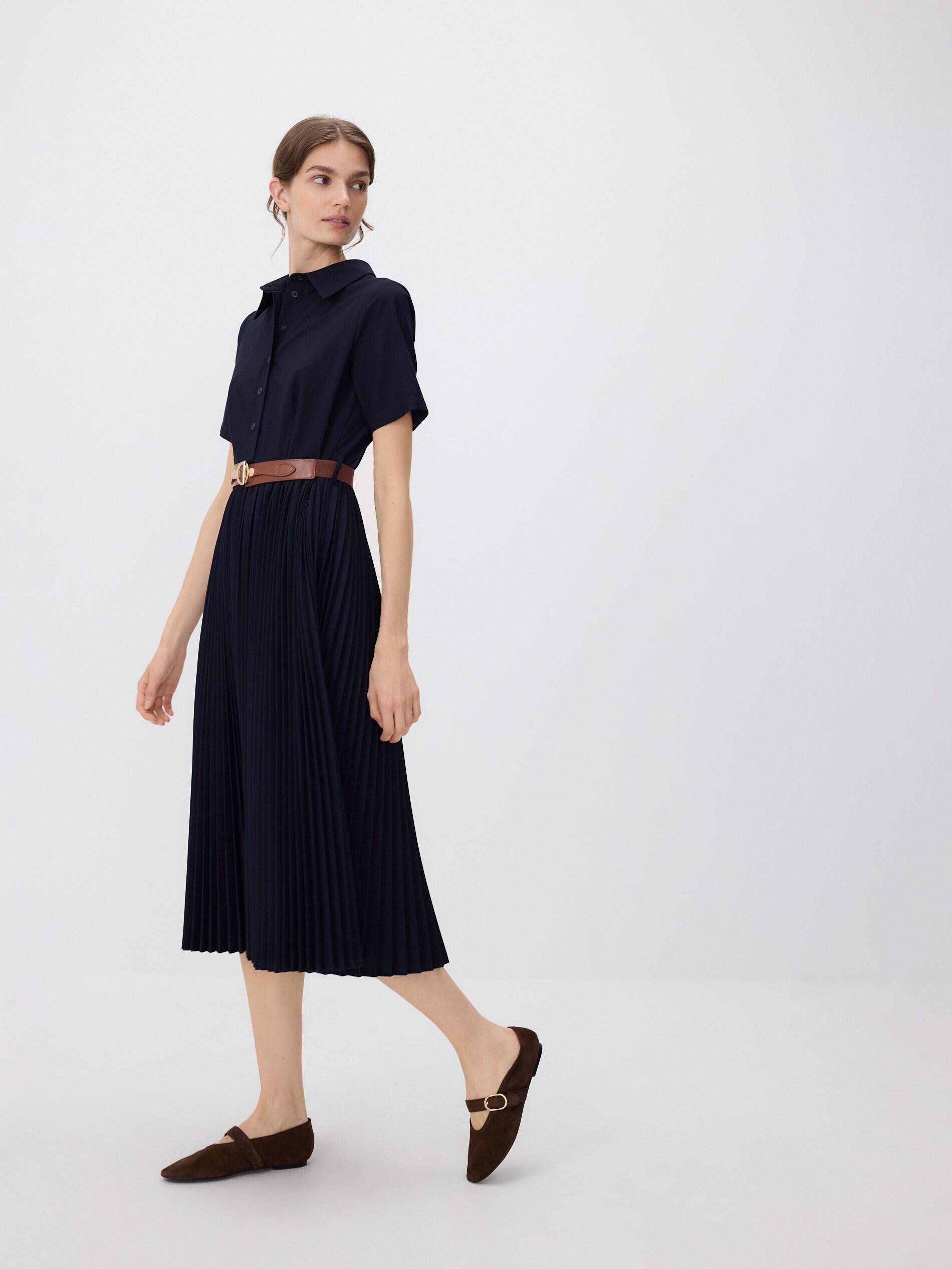 Navy Dress With Pleated Skirt, Navy, large image number 1