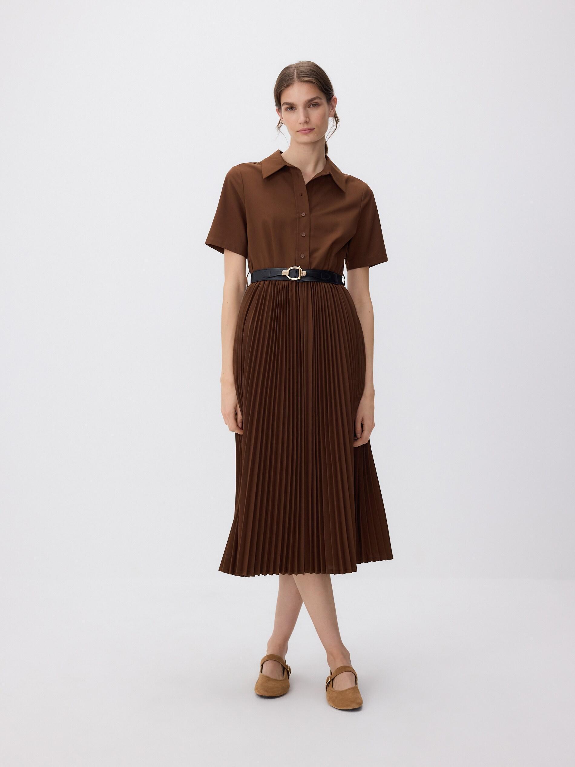 Brown Dress With Pleated Skirt, Brown, medium