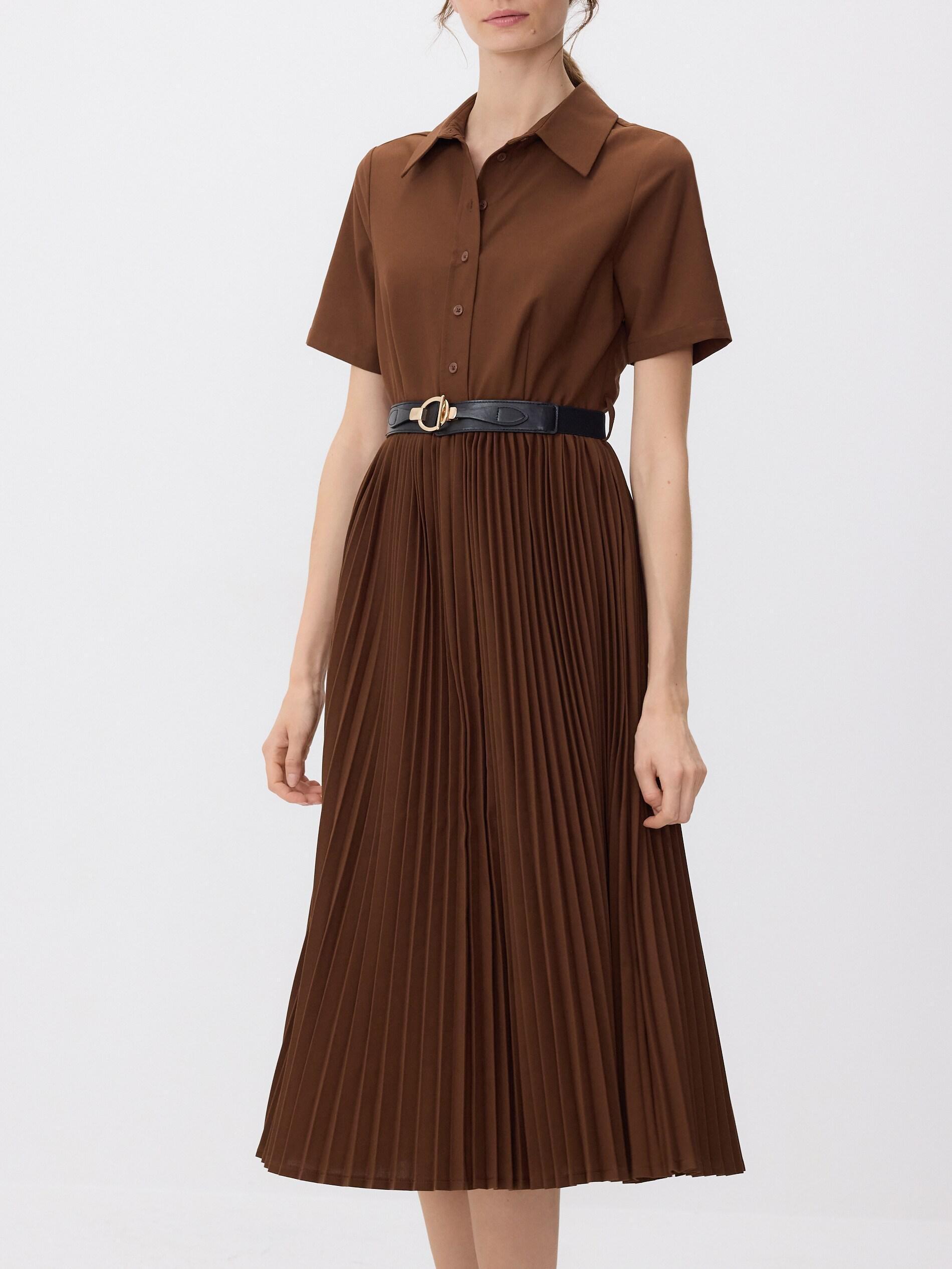 Brown Dress With Pleated Skirt, Brown, large image number 1